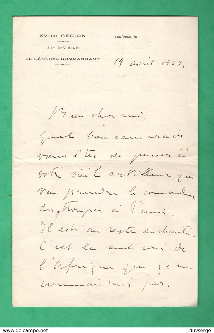 Militaria Lettre Autographe Signée Du General  Aldebert De Chambrun Adressée Au Marechal Lyautey Datée De 1929 - Other & Unclassified