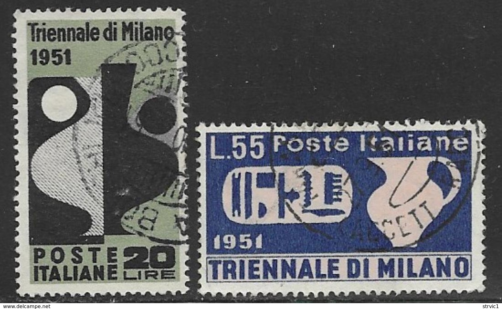 Italy Scott # 582-3 Used Triennial Art Exhibition, Milan, 1951, CV$43.75, #582 Has A Pinhole - 1946-60: Usati