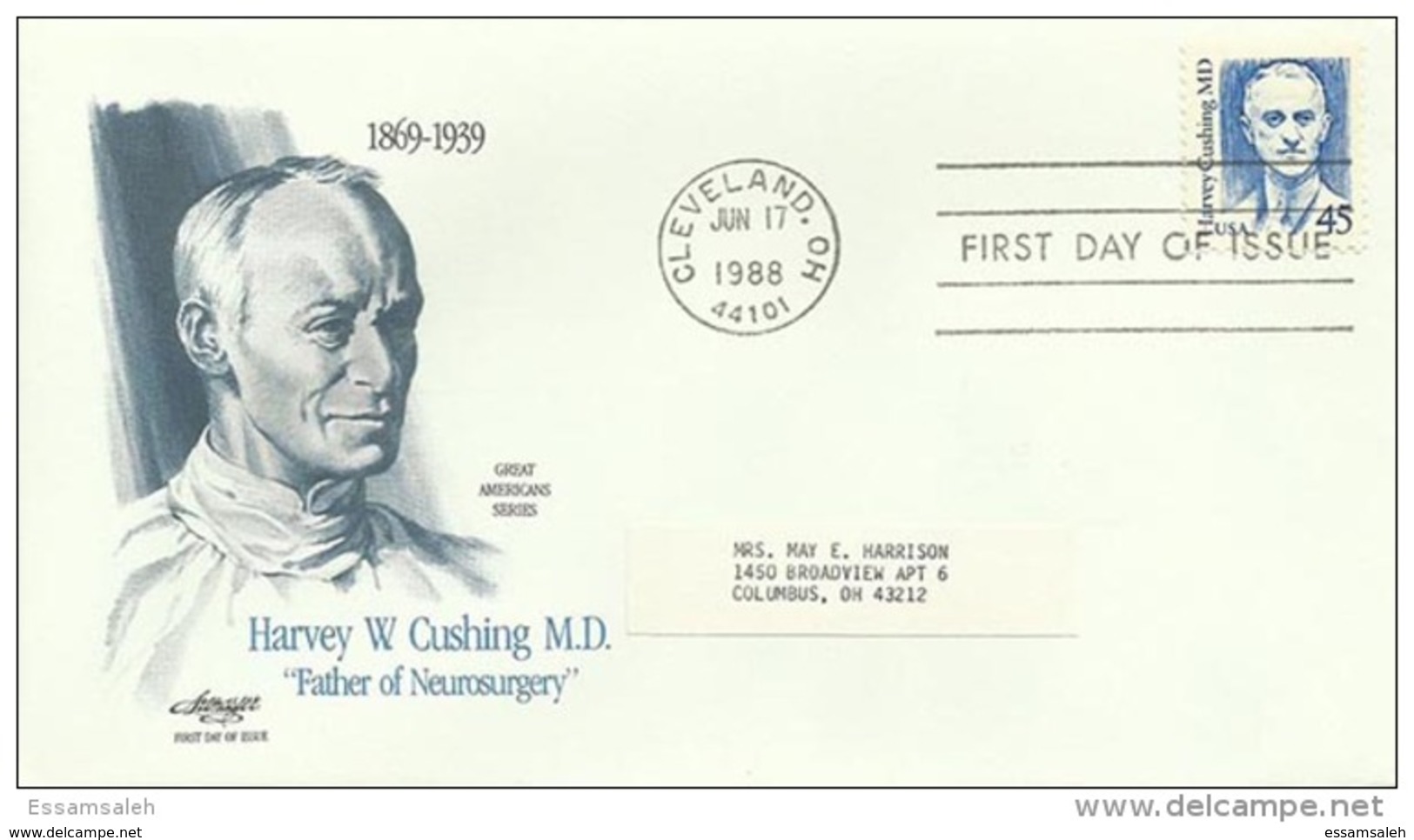 USS30014 USA 1988 Harvey Cushing MD - Father Of Neurosurgey - FDC - Cleveland Cancel - 1981-1990