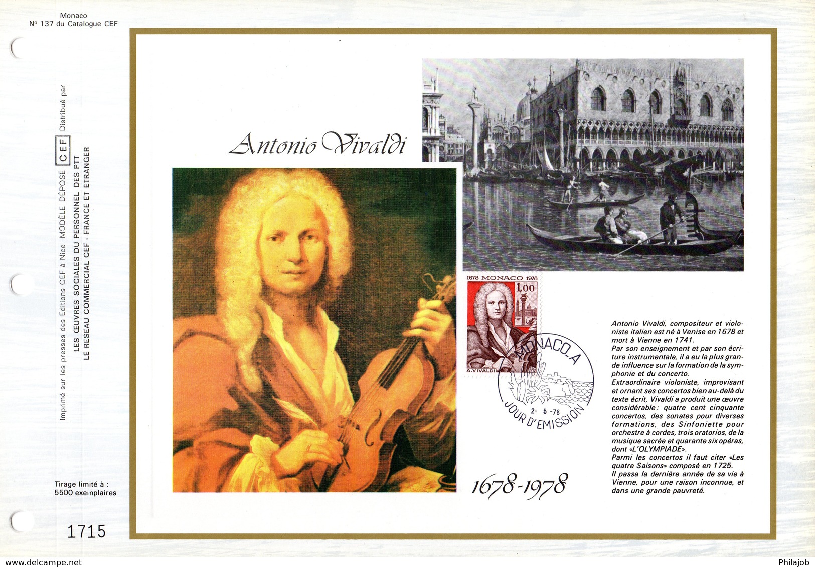 " ANTONIO VIVALDI " Sur Feuillet CEF 1er Jour N°té De 1978 De MONACO Parf. état FDC - Musica