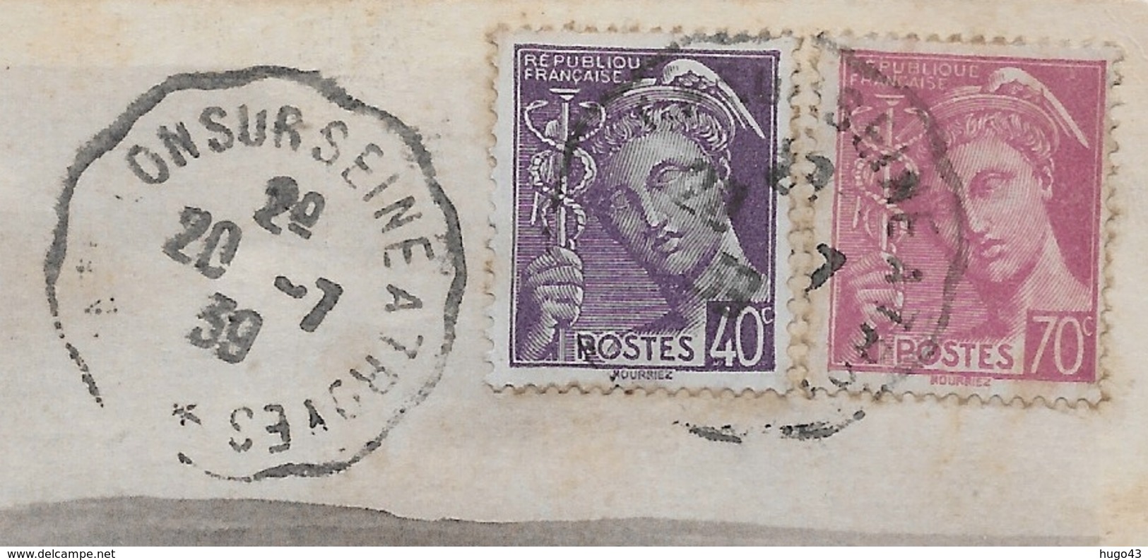 (RECTO / VERSO) ESSOYES EN 1939 - VUE GENERALE - BEAUX TIMBRES - CACHET AMBULANT TRI FERROVIAIRE - CPA - Essoyes