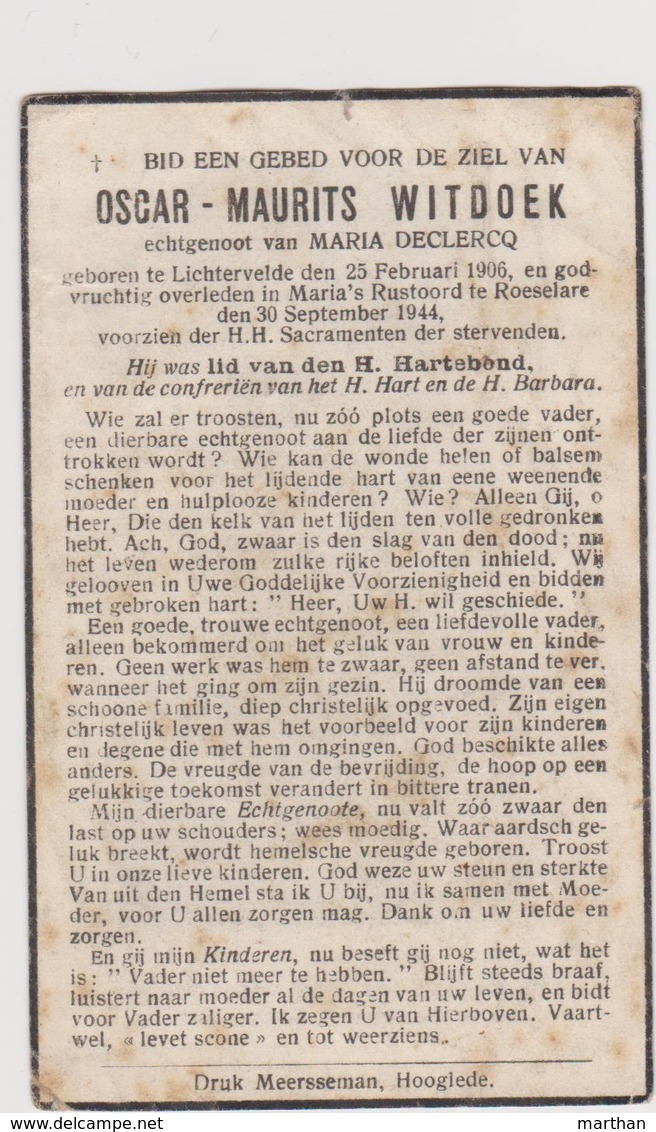 DOODSPRENTJE WITDOEK OSCAR ECHTGENOOT DECLERCQ LICHTERVELDE ROESELARE (1906 - 1944) - Images Religieuses