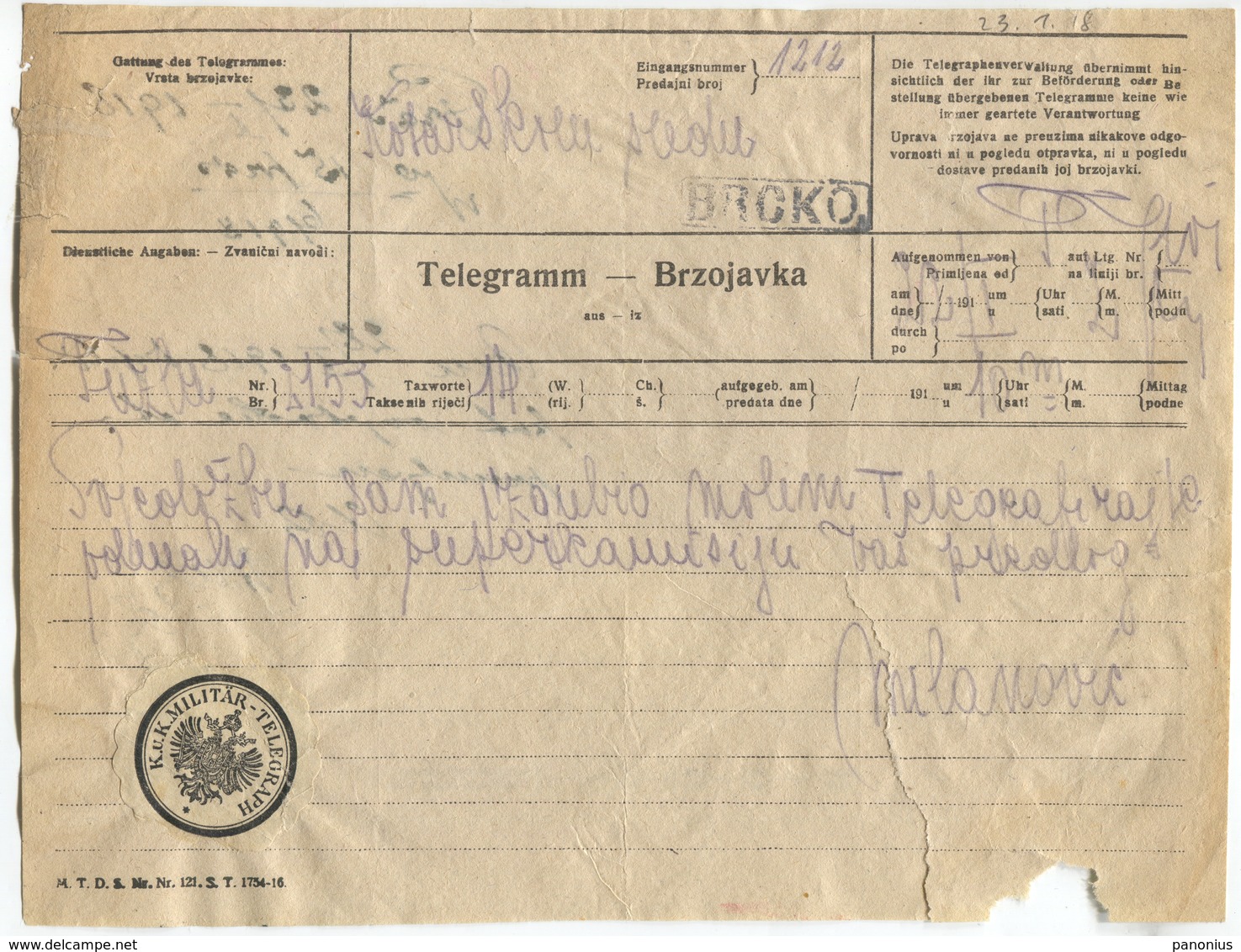 1918. AUSTRIA HUNGARY WW1, K.u.K. TELEGRAMM TELEGRAPH SEAL BRČKO BOSNIA AND HERZEGOVINA - Télégraphe