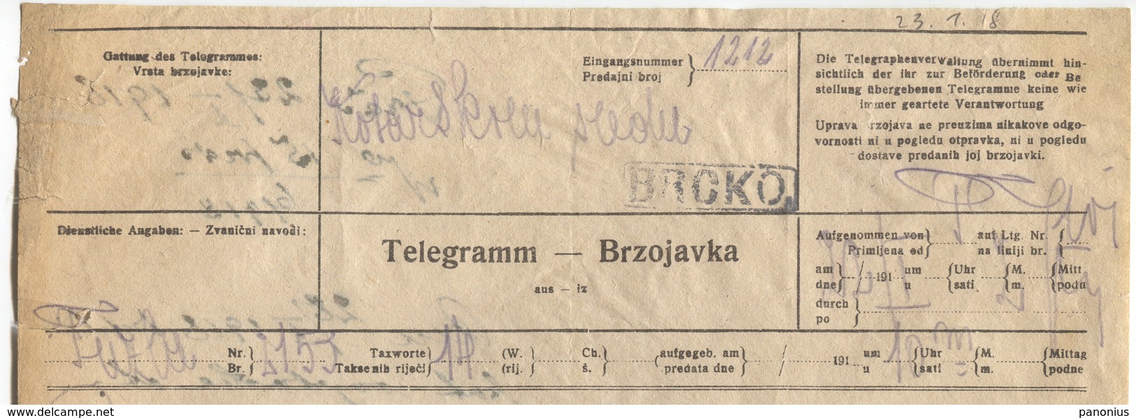 1918. AUSTRIA HUNGARY WW1, K.u.K. TELEGRAMM TELEGRAPH SEAL BRČKO BOSNIA AND HERZEGOVINA - Telegraphenmarken