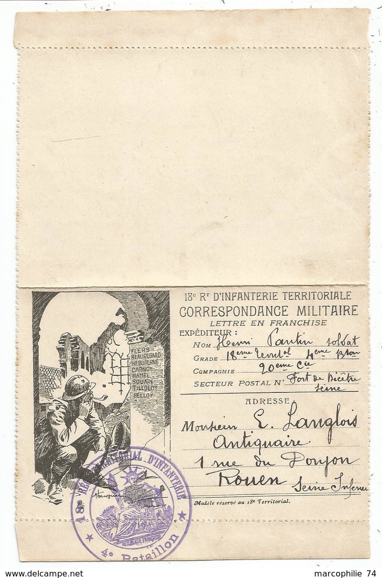 CARTE LETTRE FM FRANCHISE 18 E R INFANTERIE TERRITORIALE 4 NOV 1917 RARE - Lettres & Documents