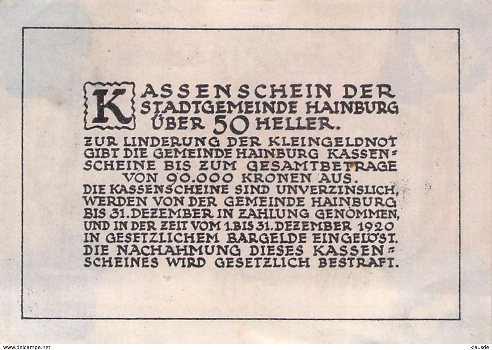 50 Hl. Notgeld Hainburg Österreich VF/F (III) - Oesterreich
