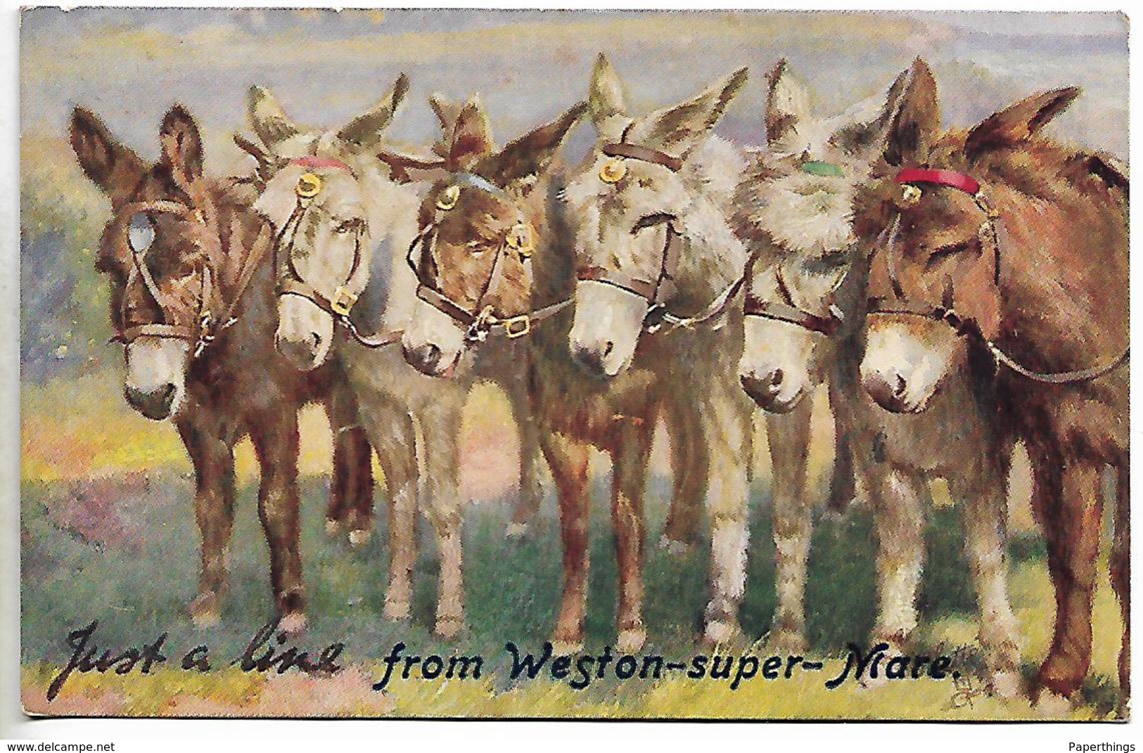 Old Colour Postcard, Weston-super-mare, Just A Line Souvenir Card, Donkeys. 1910. - Weston-Super-Mare