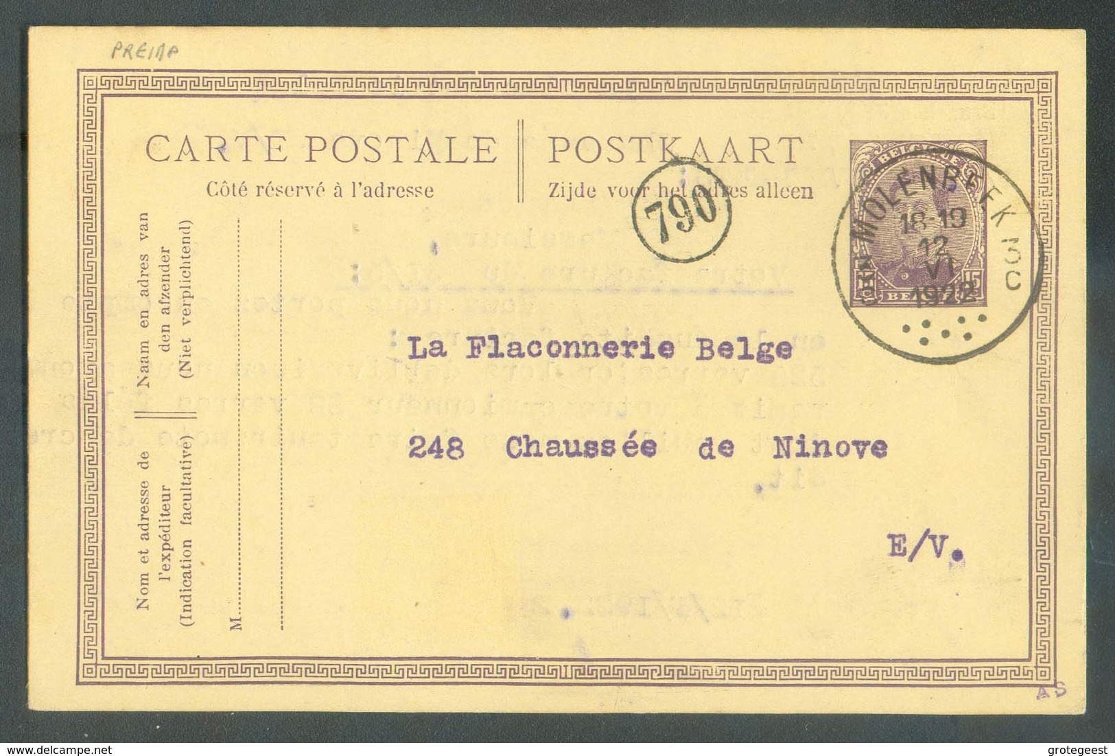 E.P. Carte 15 Centimes Em. 1915 Obl. Sc MOLENBEEK 3 Du 12-VI-1922 Avec Repiquage Au Verso : DELHAIZE Frères LE LION, Ver - Cartes Postales 1909-1934