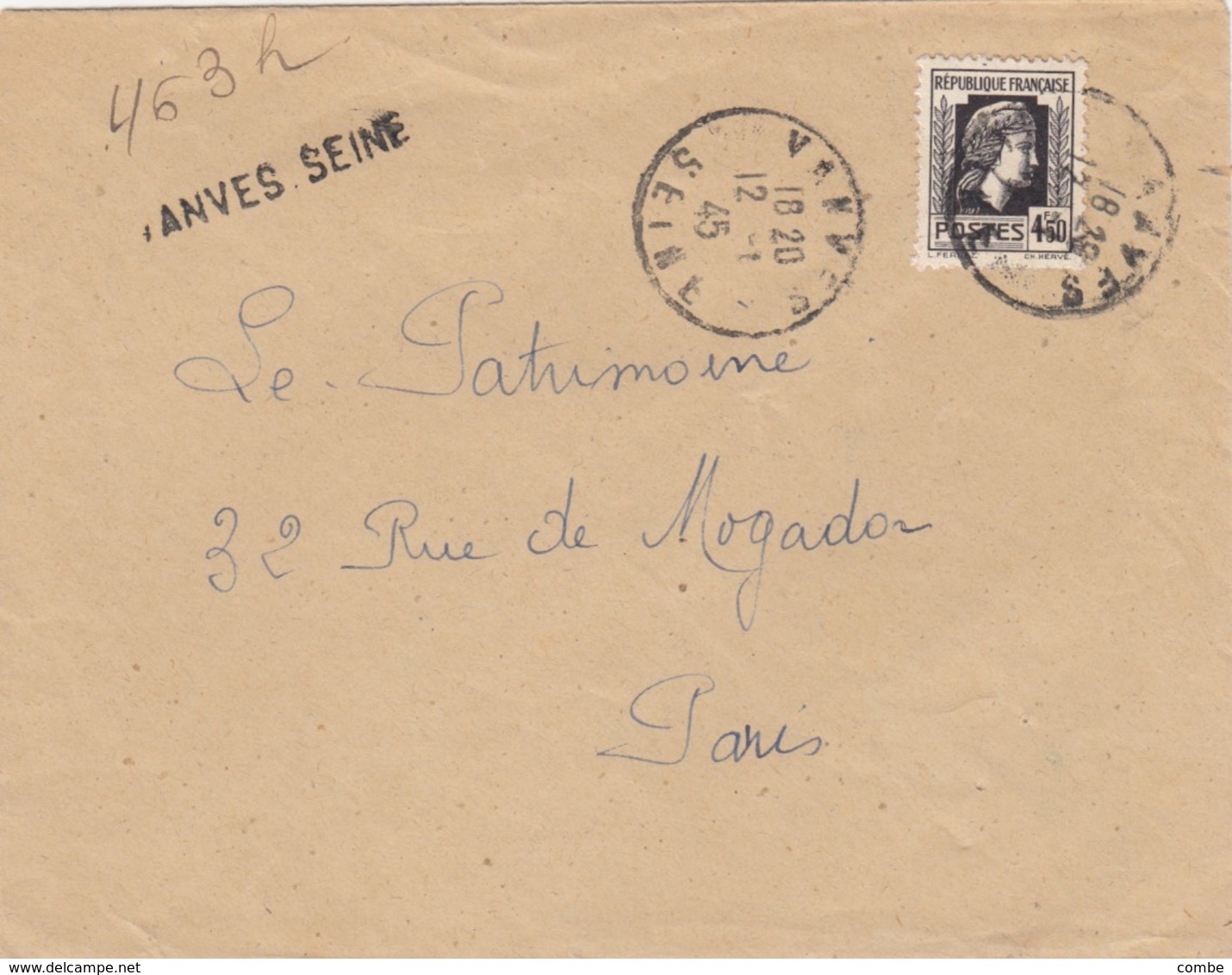 LETTRE . RECOMMANDÉ PROVISOIRE . 12 1 45.  VANVES SEINE POUR PARIS. MARIANNE ALGER 4,50 N° 644 SEUL SUR LETTRE - Befreiung