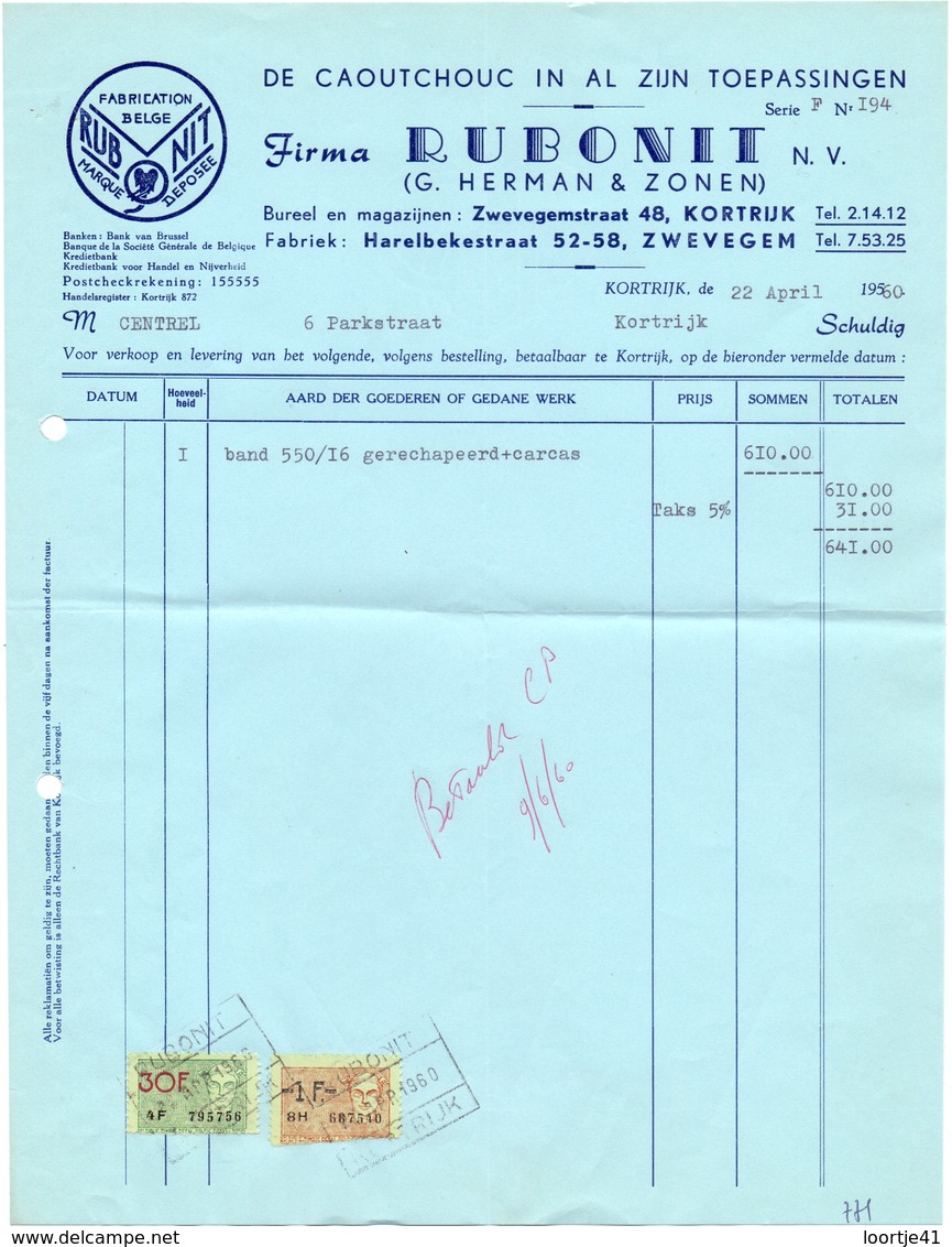 Factuur Facture - Caoutchouc - Firma Rubonit - Zwevegem - Kortrijk - 1956 - 1950 - ...