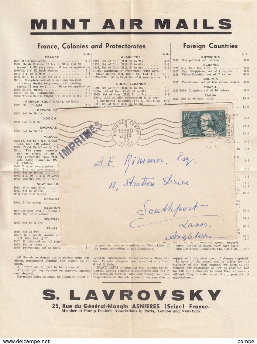 LETTRE . IMPRIMES. 1 JUIN 1938. POUR LES CHOMEURS N° 381 CALLOT 35c + 10c SEUL SUR LETTRE. ASNIERES POUR L'ANGLETERRE - Libération