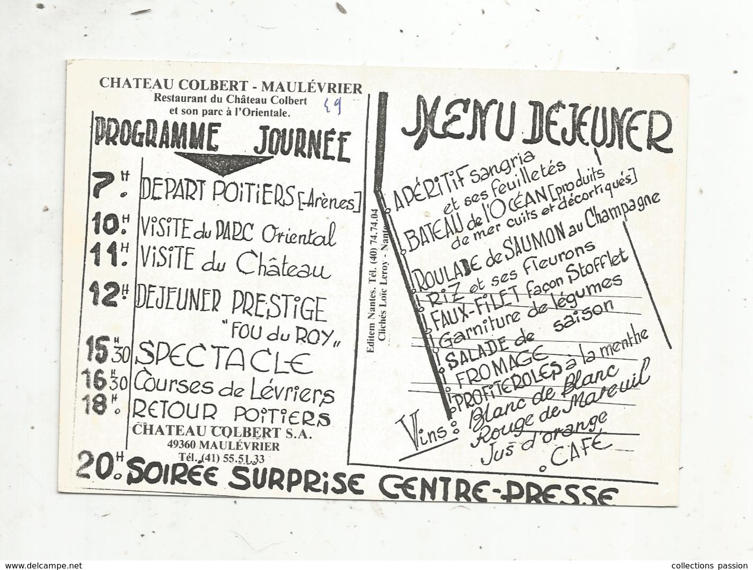 Original Menu Sur Carte Postale,restaurant Du Chateau COLBERT ,  49,  MAULEVRIER , 2 Scans - Menu