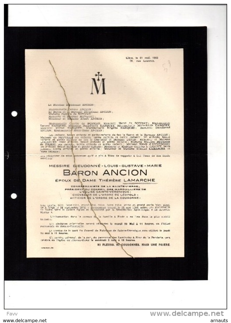 Messire Baron Ancion Epoux Lamarche °Liège1872+21/5/1953 Forêt Laminoirs à Zinc De La Fenderie Prayon Trooz Hanquet - Décès