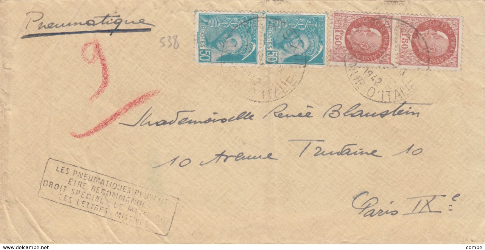 LETTRE . PNEUMATIQUE. 1942. 4F PETAIN MERCURE. AVENUE D'ITALIE POUR IX°. CACHET "LES PNEUMATIQUES PEUVENT ÊTRE REC..."D - Libération