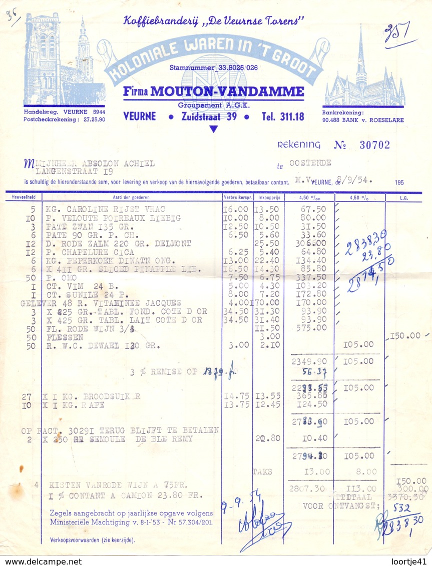 Factuur Facture - Koffiebranderij De Veurnse Torens - Firma Mouton- Vandamme - Veurne 1954 - Food