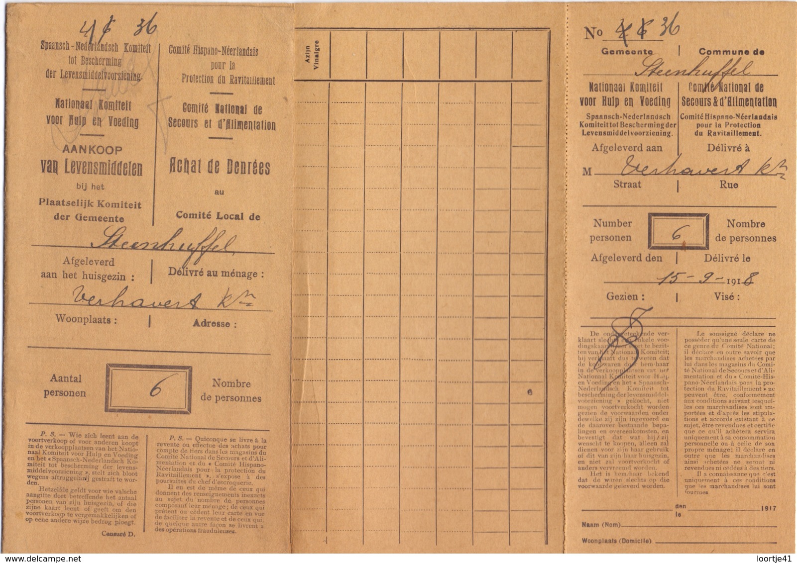 Spaans Nederlands Komiteit - Ravitaillement - Aankoop Levensmiddelen - Huisgezin Verhavert Steenhuffel 1918 - Non Classés