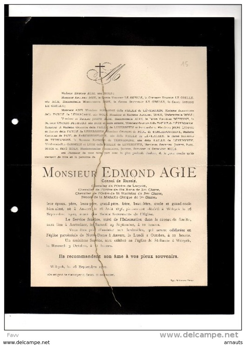 Edmond Agie Consul Russie °Anvers 1836+WIlrijk 26/9/1900 Aartselaar Le Grelle De Paul De Barchifontaine De Terwagne Dell - Décès