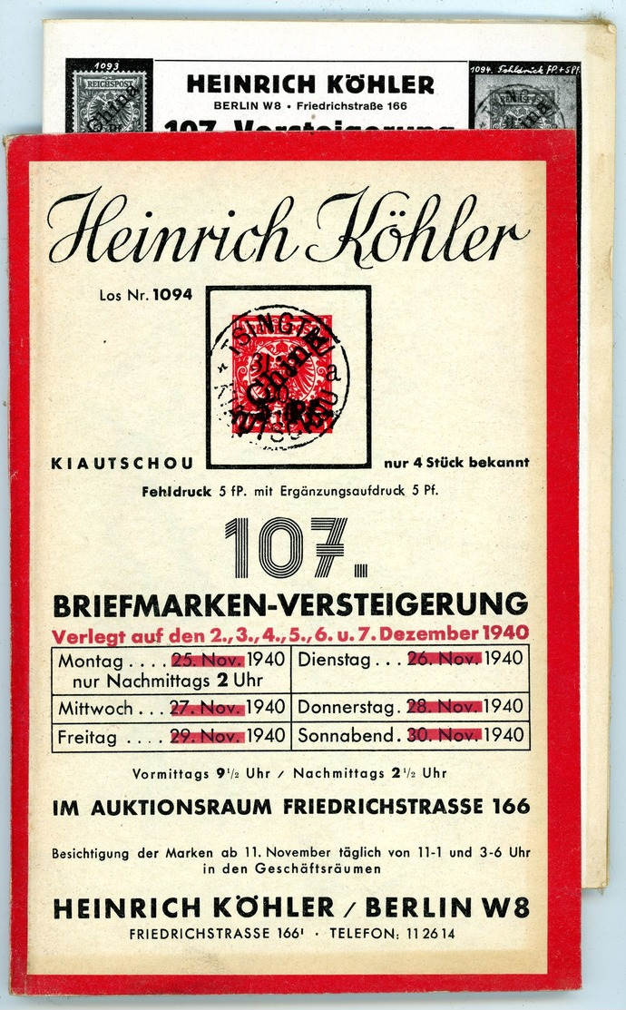 107. Köhler Briefmarken Auktion 1940 - Sehr Seltener Auktionskatalog Mit Den Bildtafeln - Catalogues For Auction Houses