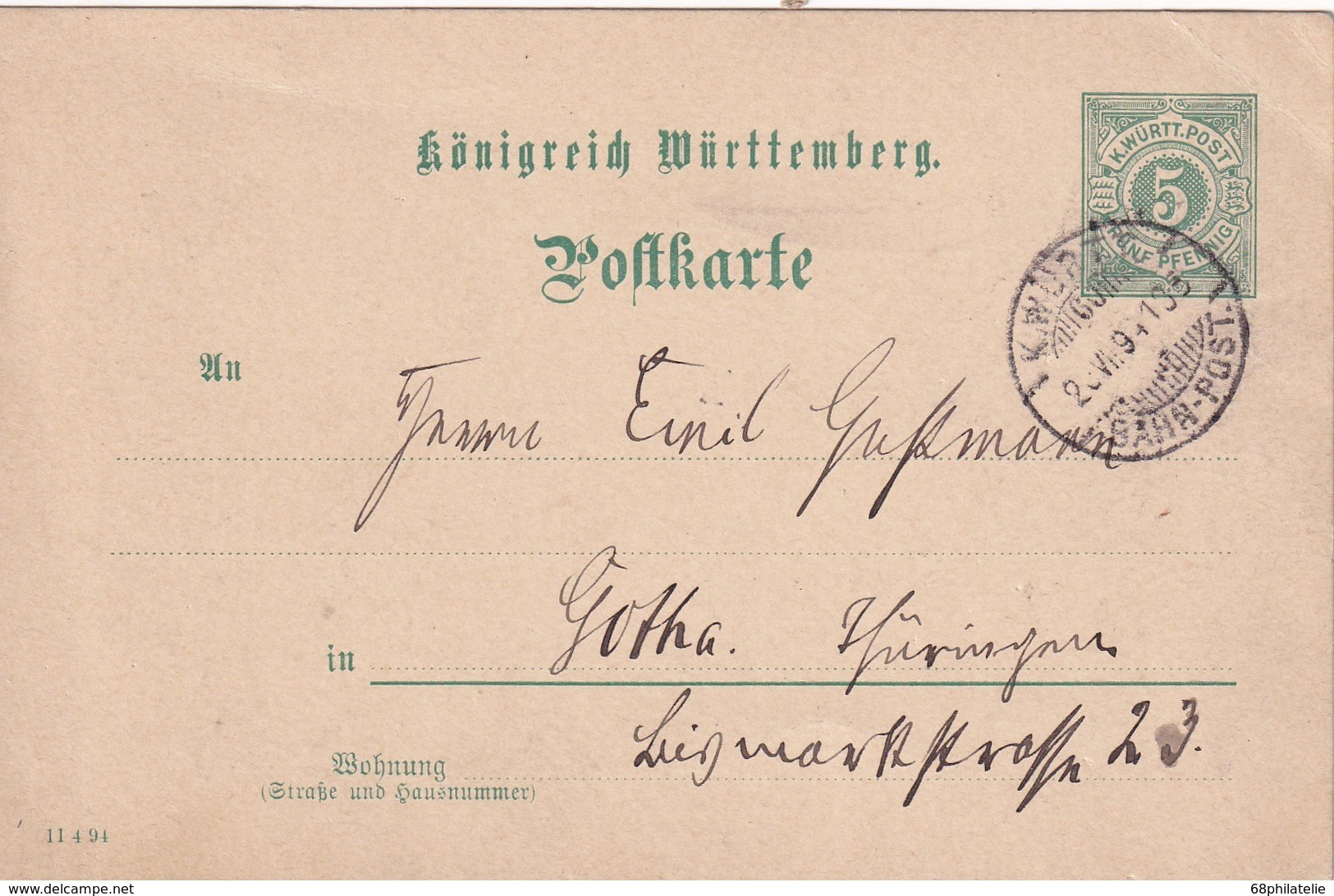 WWÜRTEEMBERG 1894      ENTIER POSTAL/GANZSACHE/POSTAL STATIONERY   CARTE AVEC CACHET K. WÜRT. BAHNPOST - Ganzsachen