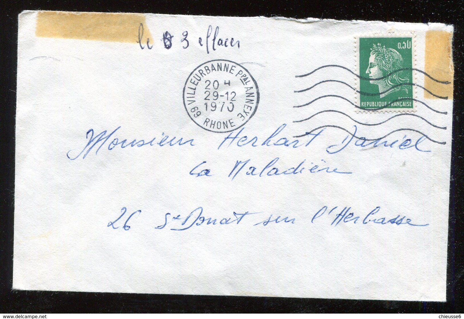 Variété Lettre  Ob  Marianne De Cheffer  0.30f  Vert - Sommet Du 3 éffacé - Cartas & Documentos