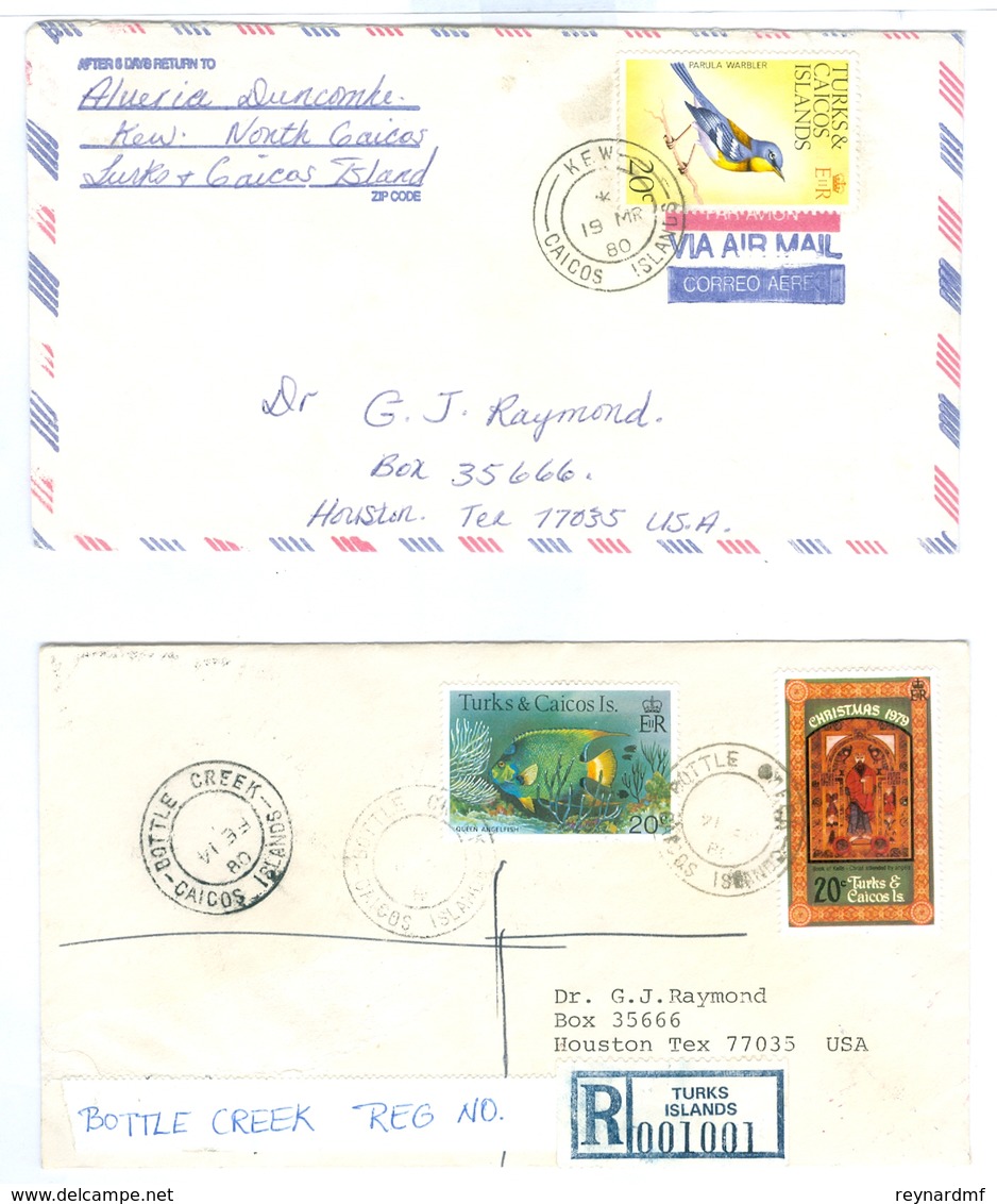 2x 1980's Turks & Caicos Island Covers To USA, Kew And Bottle Creek Pmks. - Turks And Caicos