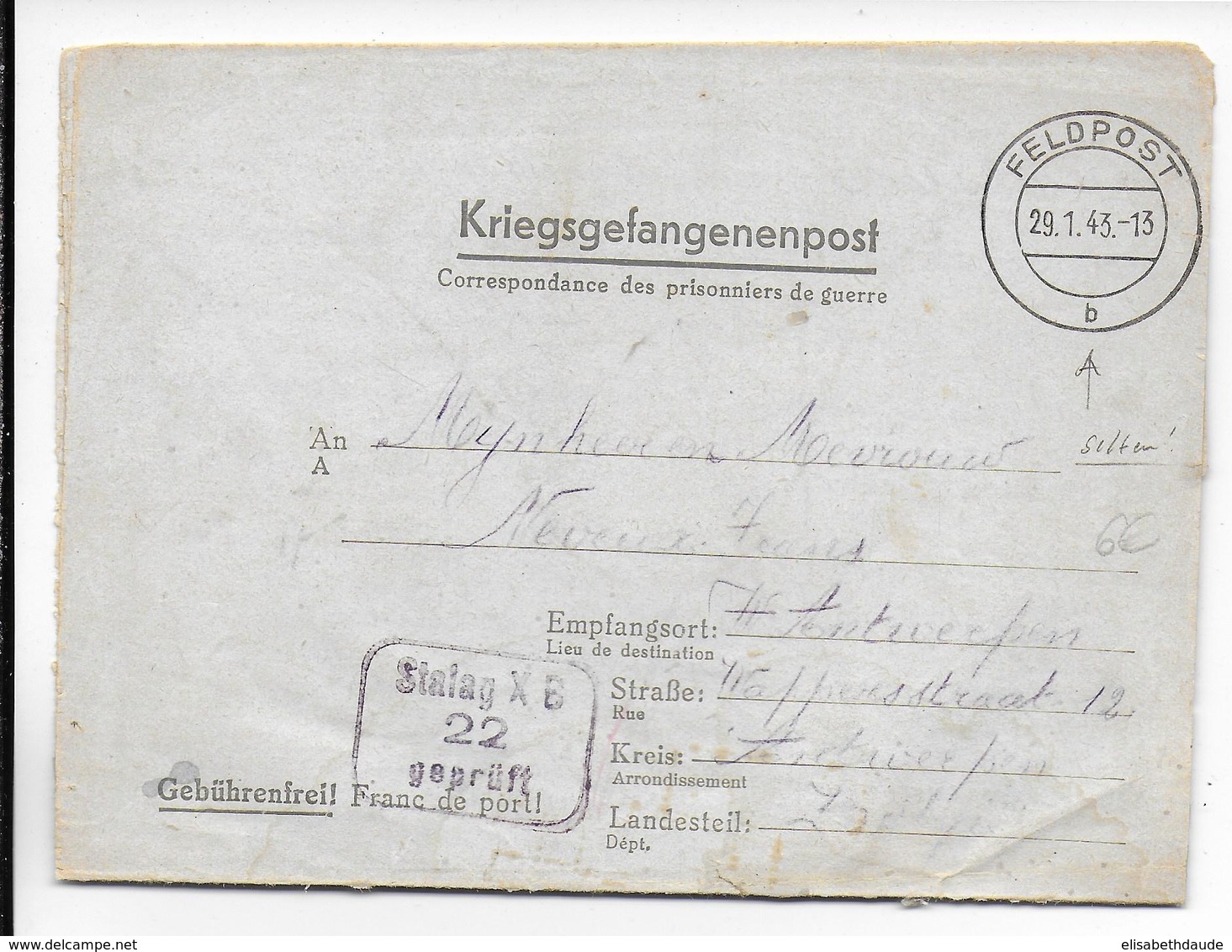 KRIEGSGEFANGENENPOST - 1943 - LETTRE De PRISONNIER BELGE STALAG XB AVEC CACHET De FELDPOST (PLUS RARE) => ANTWERPEN - Weltkrieg 1939-45 (Briefe U. Dokumente)