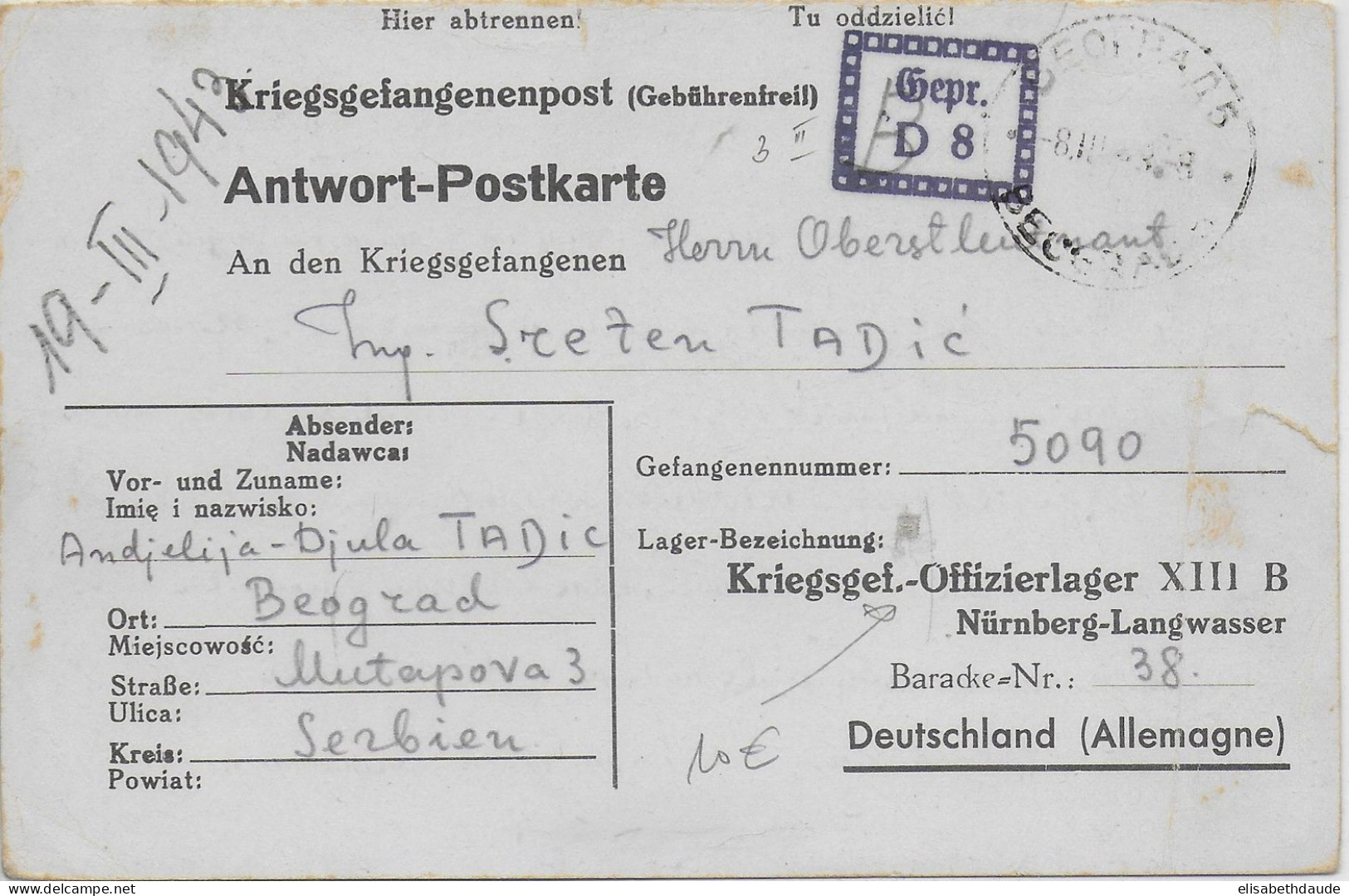 KRIEGSGEFANGENENPOST - 1943 - LETTRE De BELGRADE => PRISONNIER SERBE OFLAG XIIIB à NÜRNBERG ! - Prisoners Of War Mail