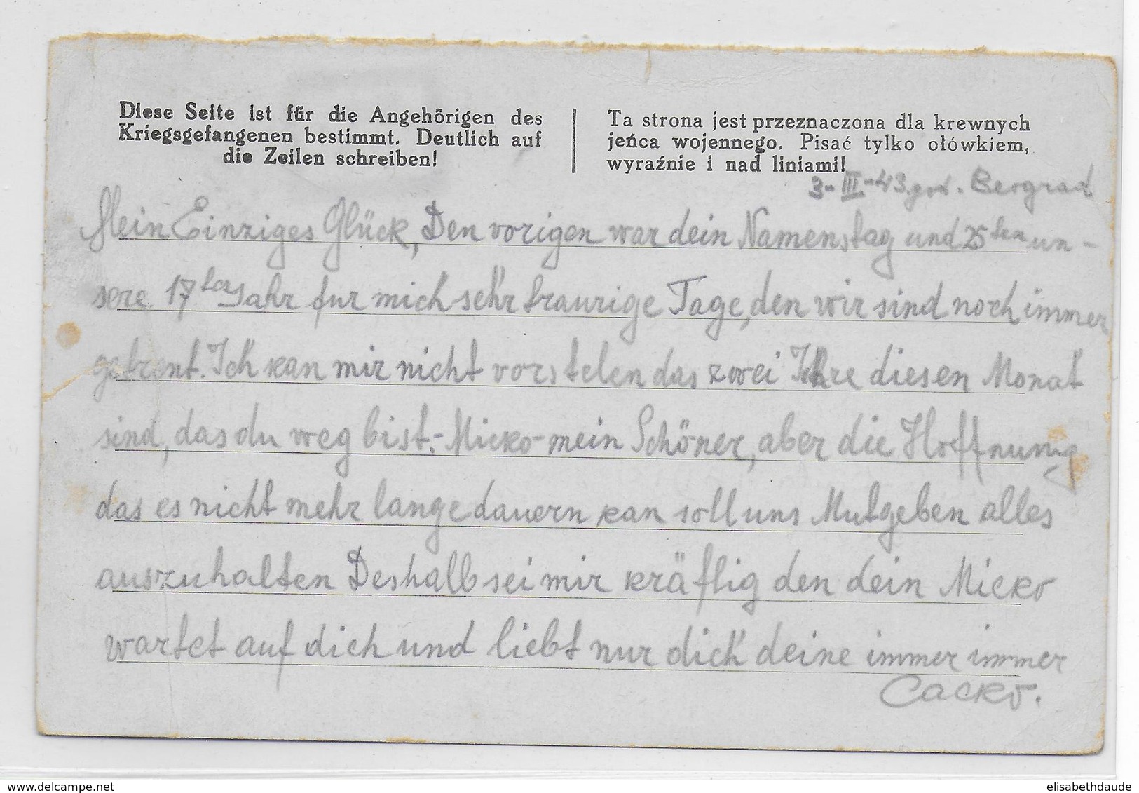 KRIEGSGEFANGENENPOST - 1943 - LETTRE De BELGRADE => PRISONNIER SERBE OFLAG XIIIB à NÜRNBERG ! - Kriegsgefangenenpost