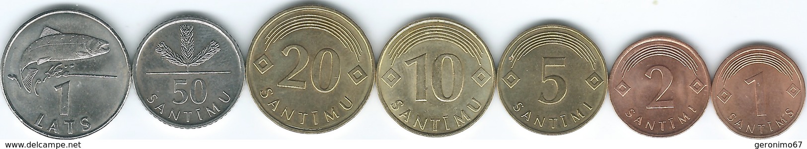 Latvia - 1 (2008) 2 (2009) 5 (2009) 10 (2008) 20 (2009) & 50 Santimu (2009) 1 Lats (2008) - Lettland