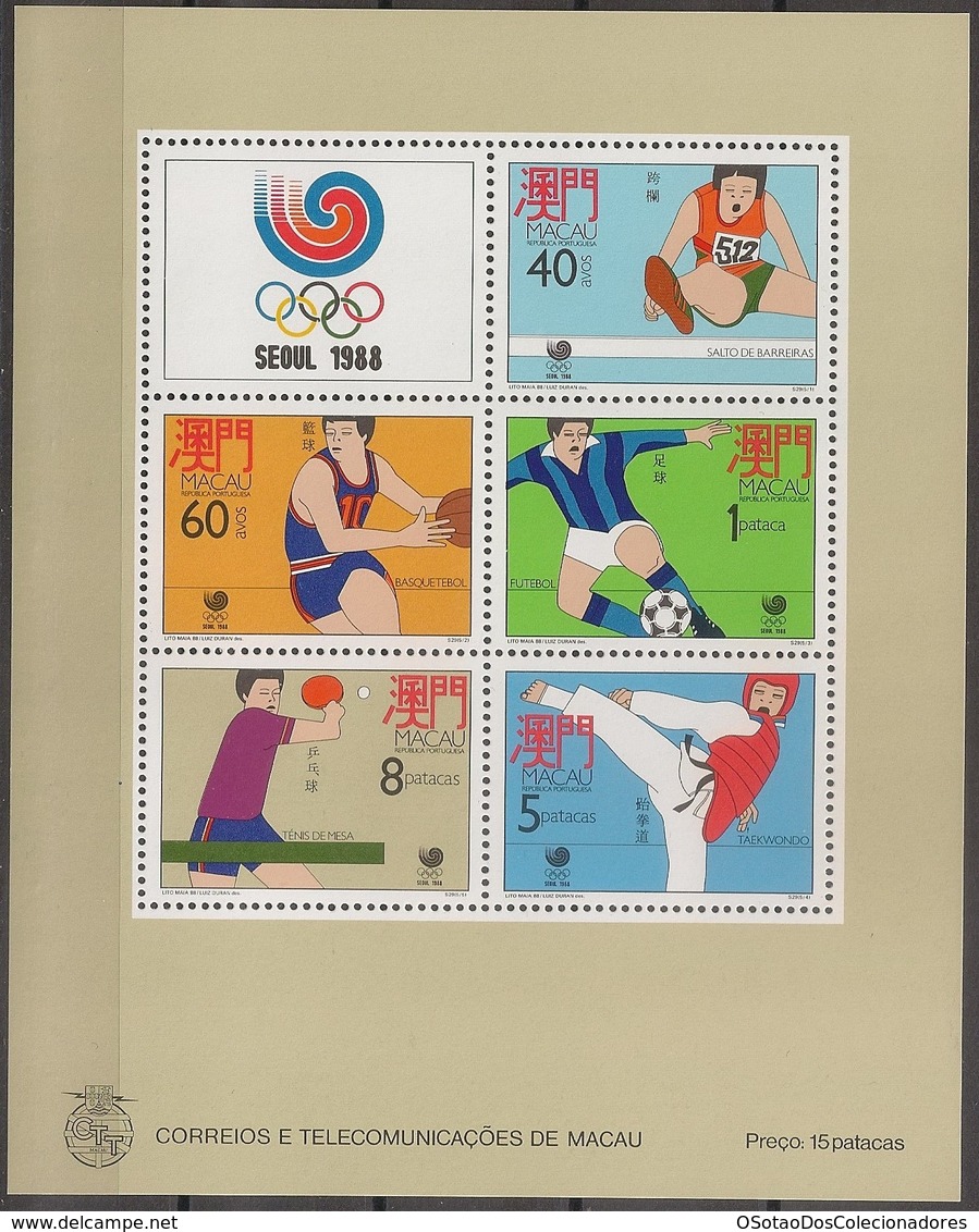 Macau Portugal China Chine 1988 - Bloco Nº 9 Jogos Olimpicos De Seoul - Olympic Games Seoul - SOUVENIR SHEET Mint MNH - Blocs-feuillets