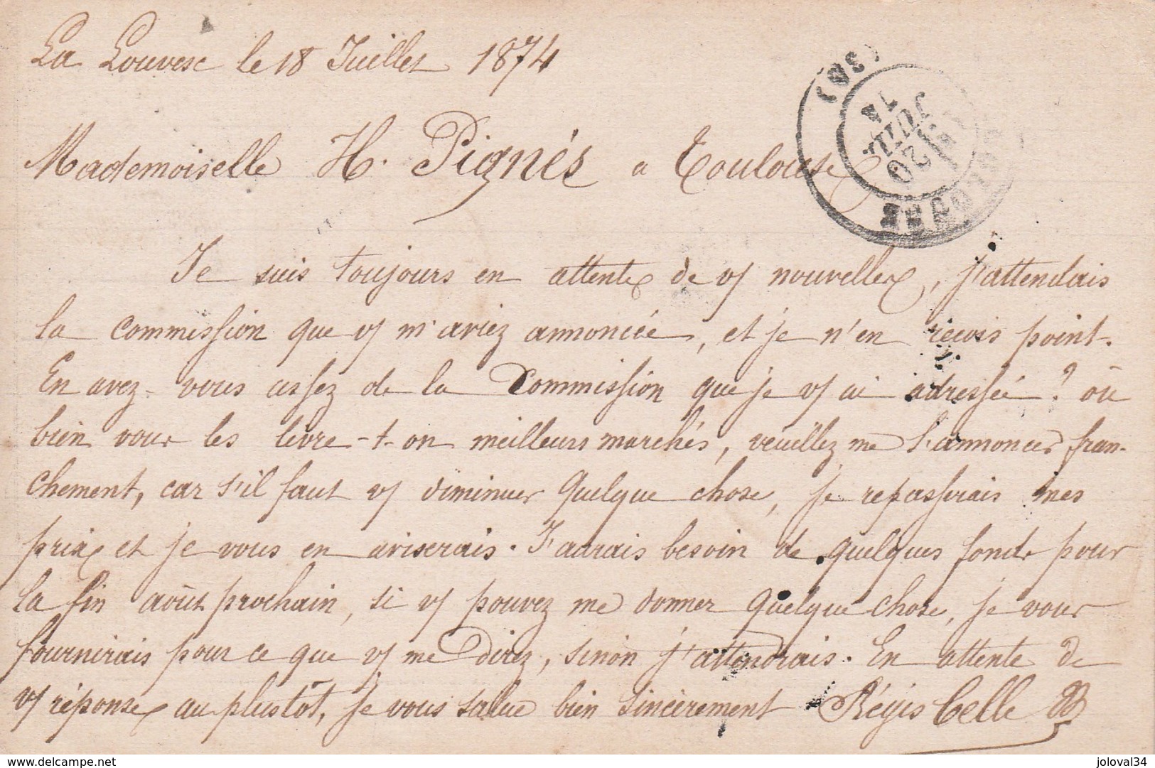 Yvert 59 Cérès Entier Carte Précurseur LA LOUVESC Ardèche 18/7/1874 GC 4931 Pour Toulouse Haute Garonne - Cartes Précurseurs