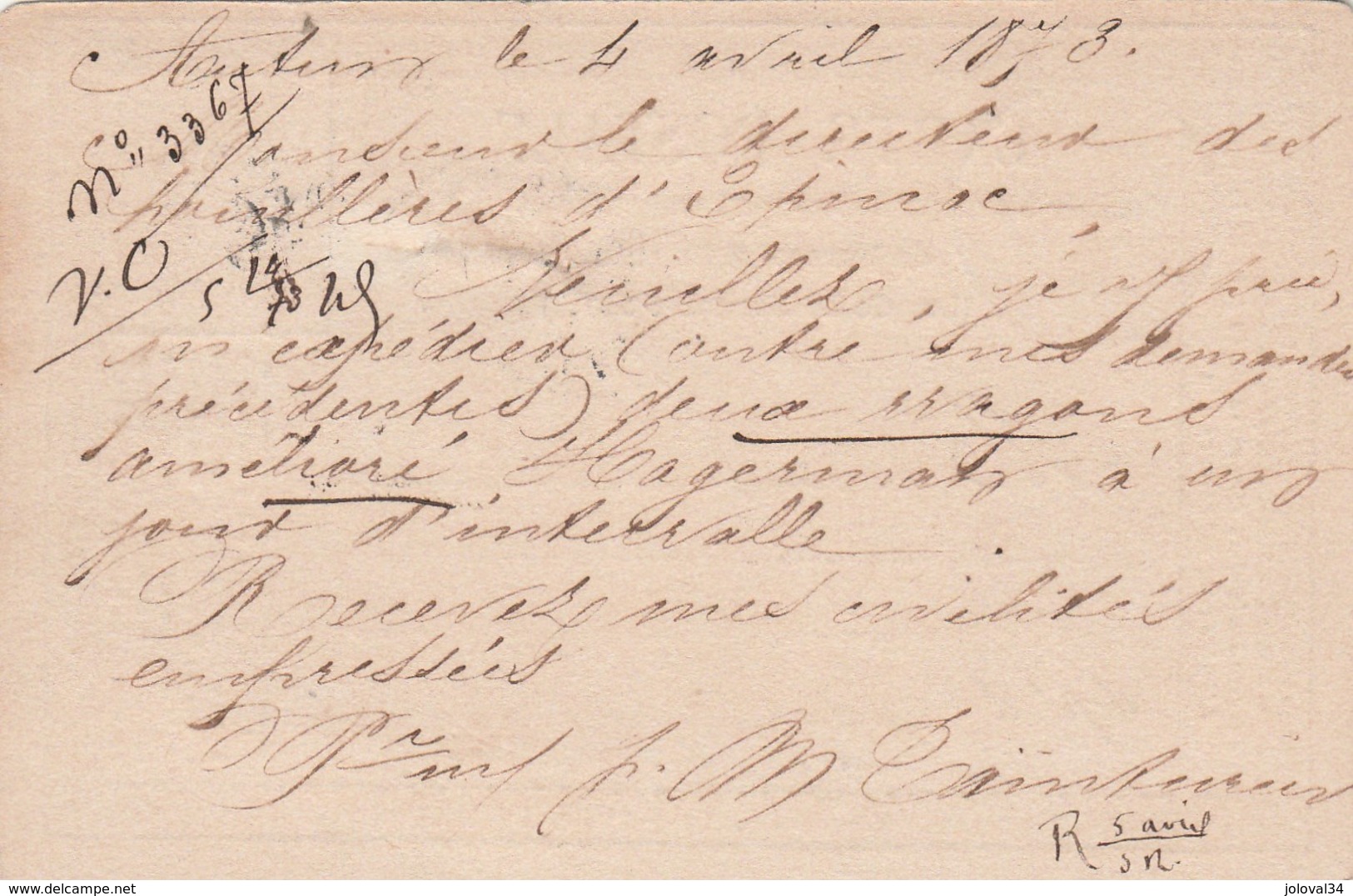 Yvert 59 Cérès Entier Carte Précurseur AUTUN Saône Et Loire 4/4/1873 GC 246 Pour Epinac - Vorläufer