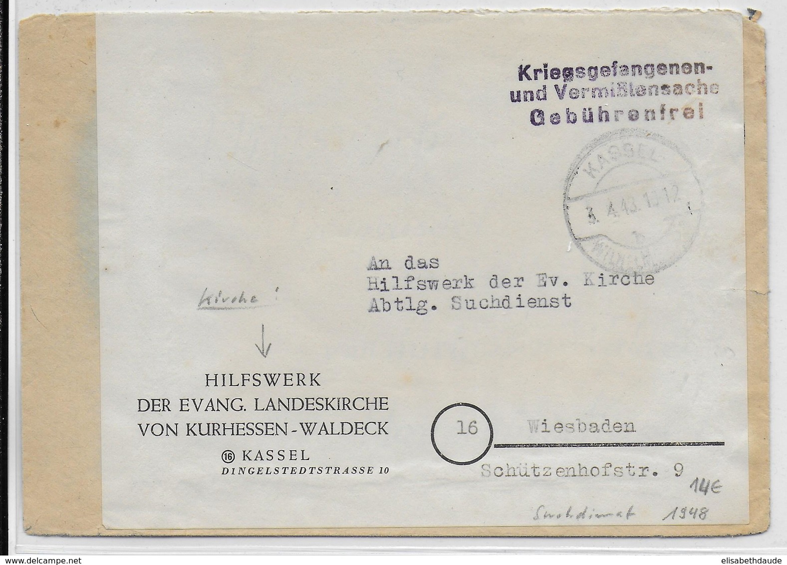 KRIEGSGEFANGENENPOST - 1948 - LETTRE SERVICE AIDE De L'EGLISE EVANGELIQUE De KASSEL => WIESBADEN "RECHERCHE DesDISPARUS" - Correos De Prisioneros De Guerra