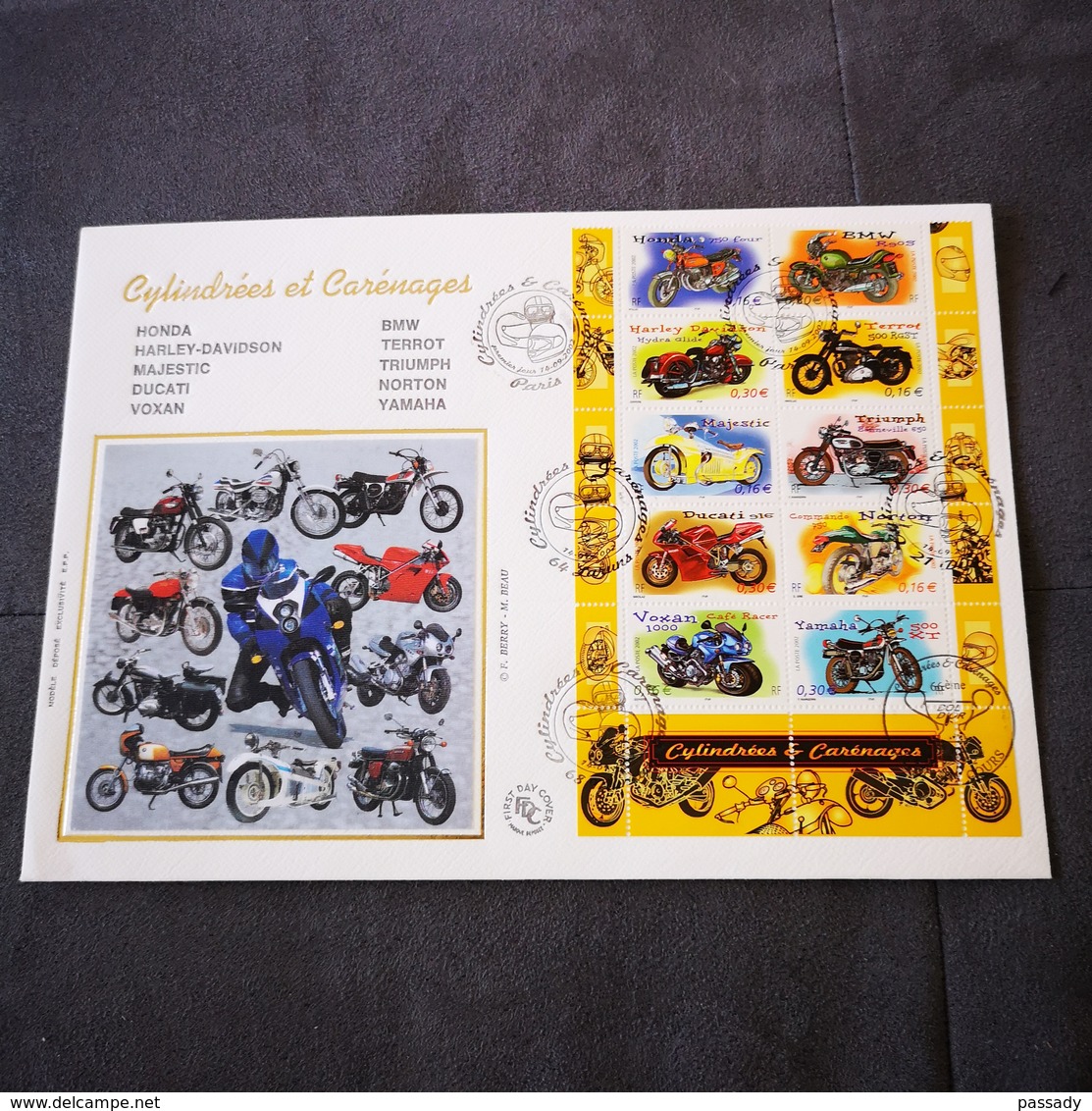 FRANCE FDC Grande ENVELOPPE SOIE 1er Jour CYLINDREES & CARENAGES 2002 Motos - Collection Timbre Poste - 2000-2009