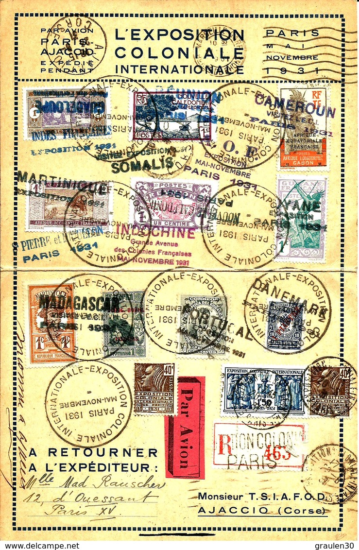 Sur Carte REC. PARIS -AJACCIO Par Avion "EXPOSITION COLONIALE INTERNATIONALE" - 1931 - - 1927-1959 Lettres & Documents