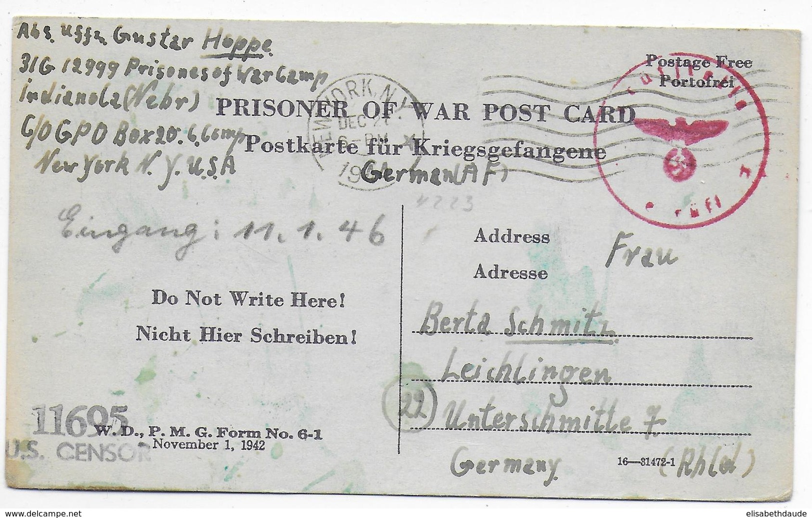KRIEGSGEFANGENENPOST - 1944 - CARTE PRISONNIER DE GUERRE ALLEMAND à INDIANOLA (USA) => LEICHLINGEN RECUE En 1946 !! - Kriegsgefangenenpost