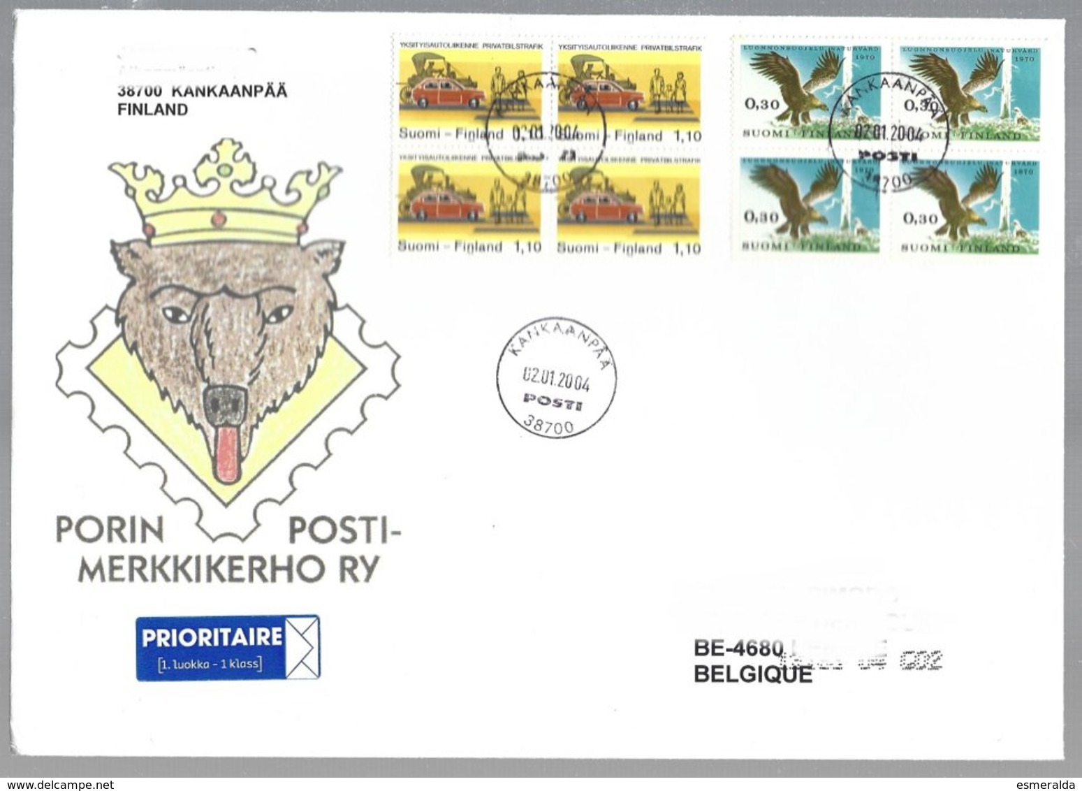 Finlande Yv  633 Aigles + Yv 813 Sécurité Routière  Tous En Bloc De 4  S/lt Illustrée Grand Format Vers Belgique - Lettres & Documents