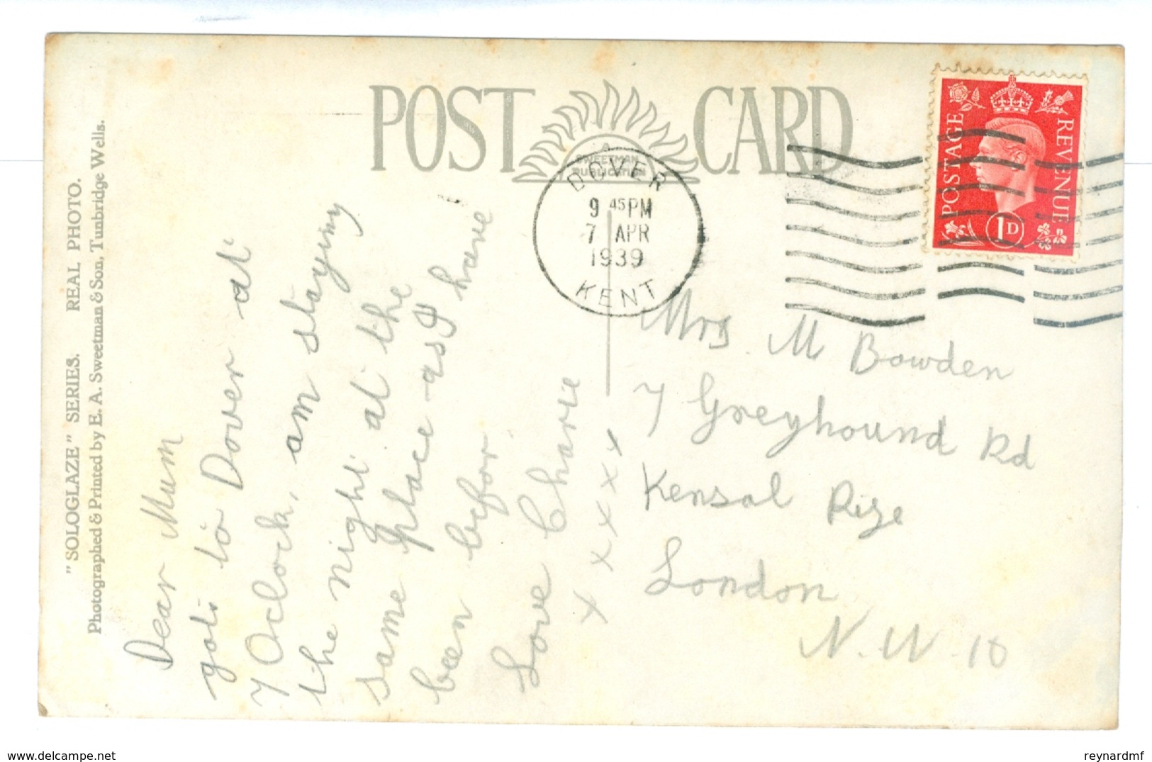 1939 Kent, Dover, East Cliff, RP Pc, Used. - Dover