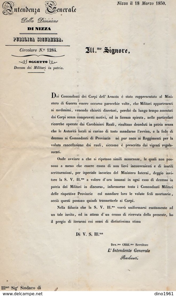 VP15.206 - MILITARIA - 1850 - Lettre - Intendenza Générale Della Divisione Di NIZZA ( NICE ) Publica Siguezza ( Police ) - Dokumente