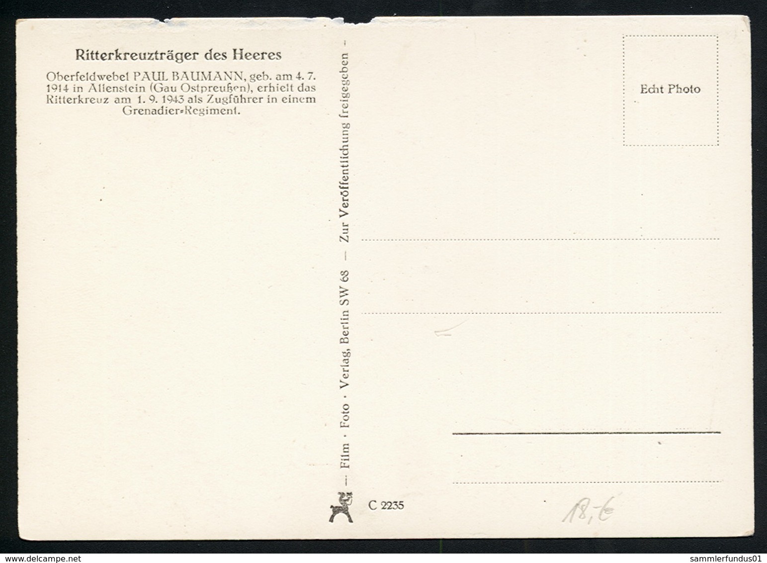 Foto AK/CP Ritterkreuzträger  Oberfeldwebel  Paul Baumann  Ungel/uncirc.1933-45  Erhaltung/Cond. 2-  Nr. 00840 - Guerra 1939-45