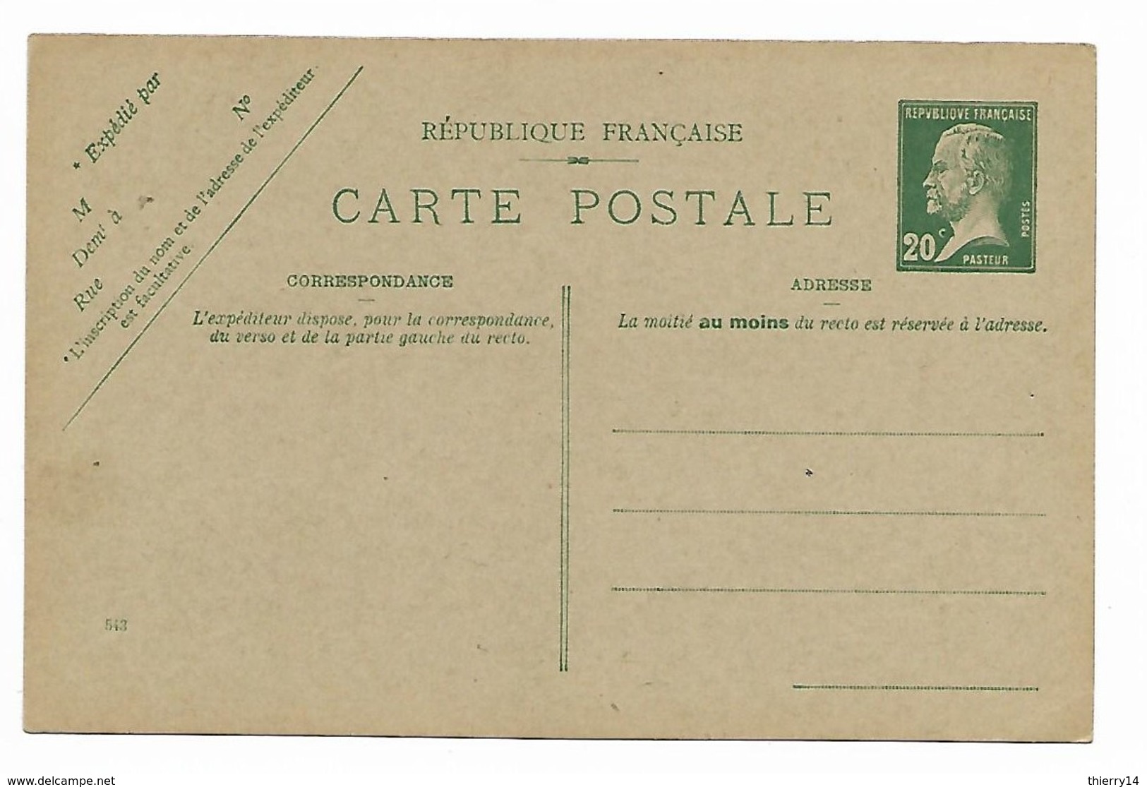 Entier CP Pasteur 20c Vert Y&T 172-CP1 Date 543 - Standard Postcards & Stamped On Demand (before 1995)