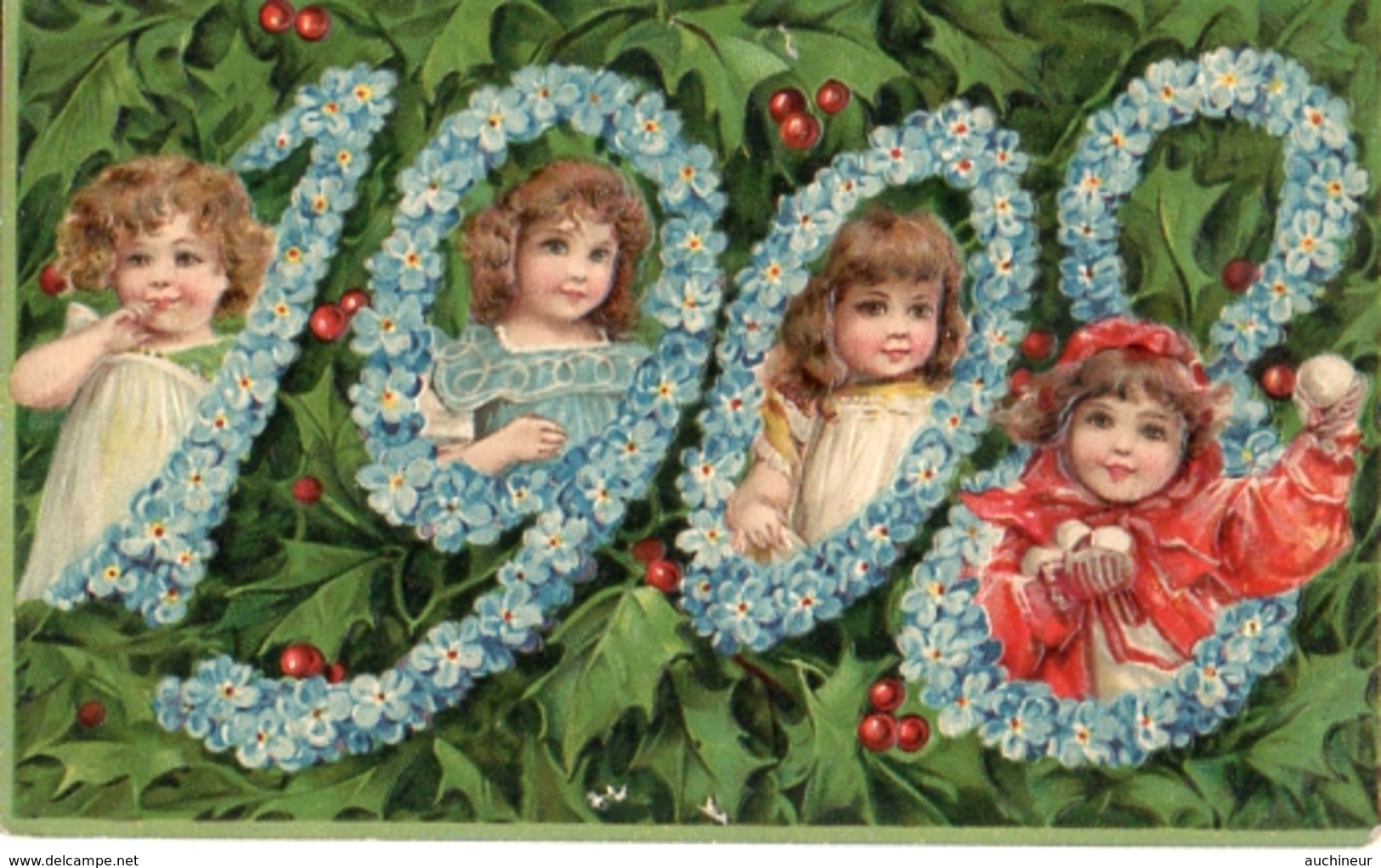 29 Année, Date, Millesime 1908 - Enfants Dans Les Chiffres Houx Gaufrée - Anno Nuovo