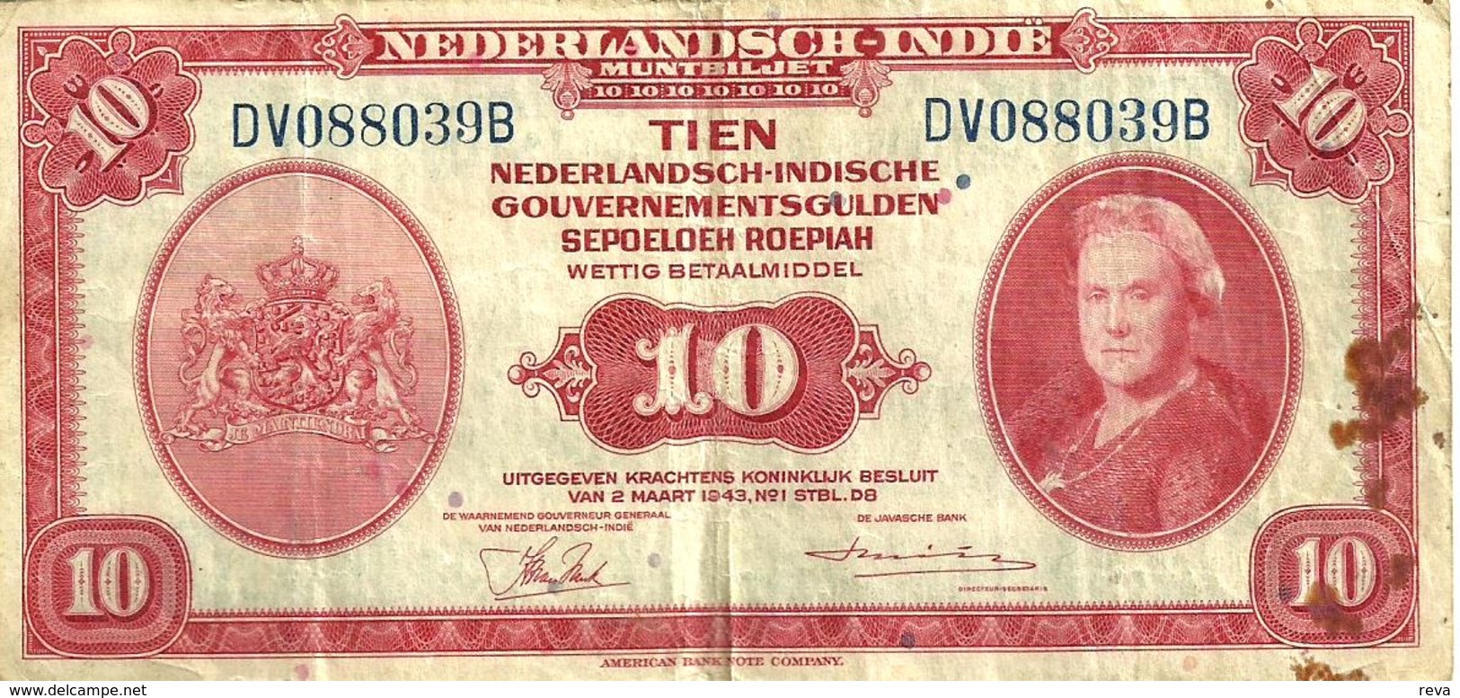 NETHERLANDS EAST INDIES 10 GULDEN RED WOMAN FRONT AIRPLANE SHIPDATED2.MARCH 1943 P114a 2ND VARIETY F+ READ DESCRIPTION!! - Dutch East Indies