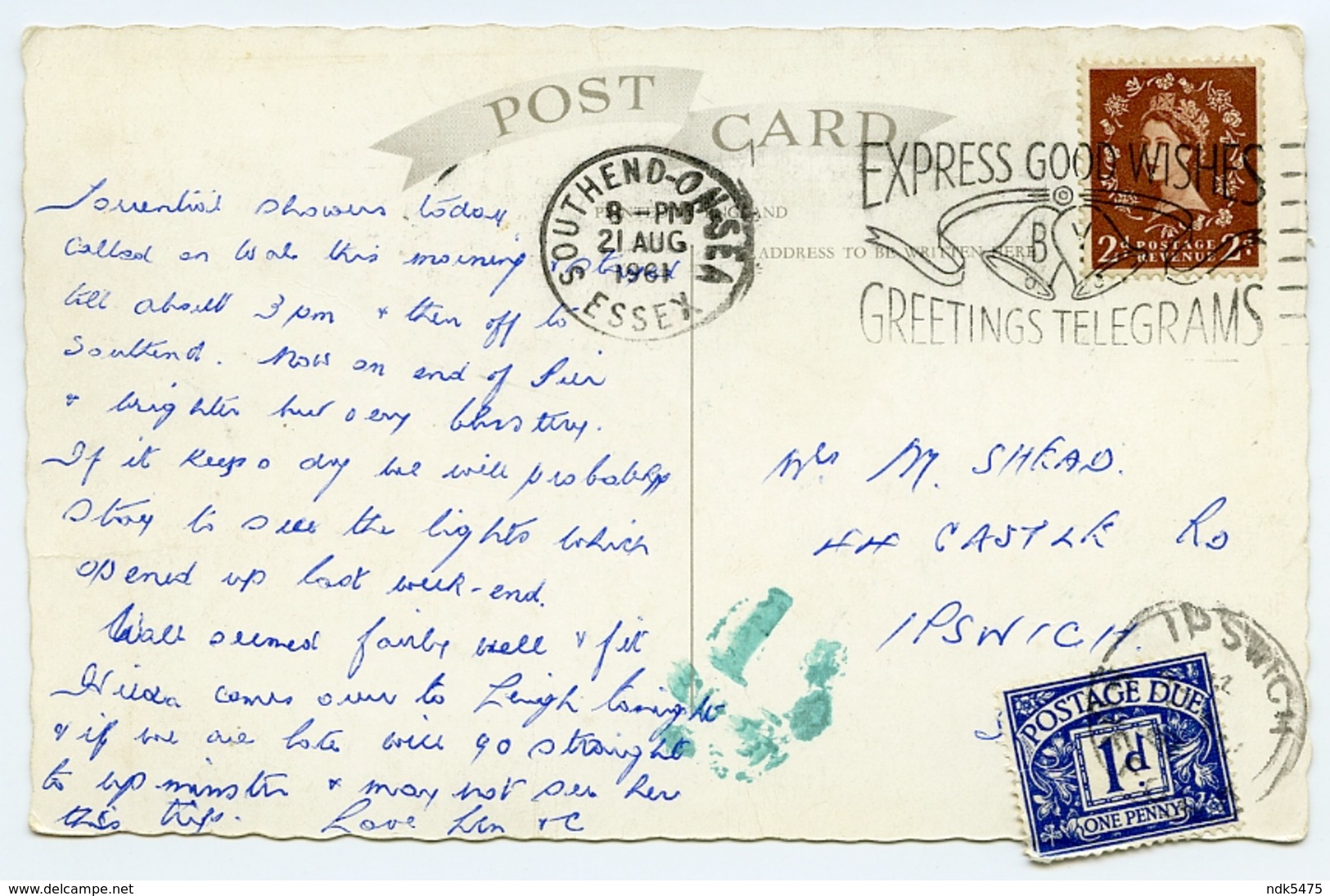 LEIGH ON SEA : CLIFF GARDENS / POSTAGE DUE 1d / POSTAL SLOGAN - EXPRESS GOOD WISHES BY GREETINGS TELEGRAMS - Southend, Westcliff & Leigh