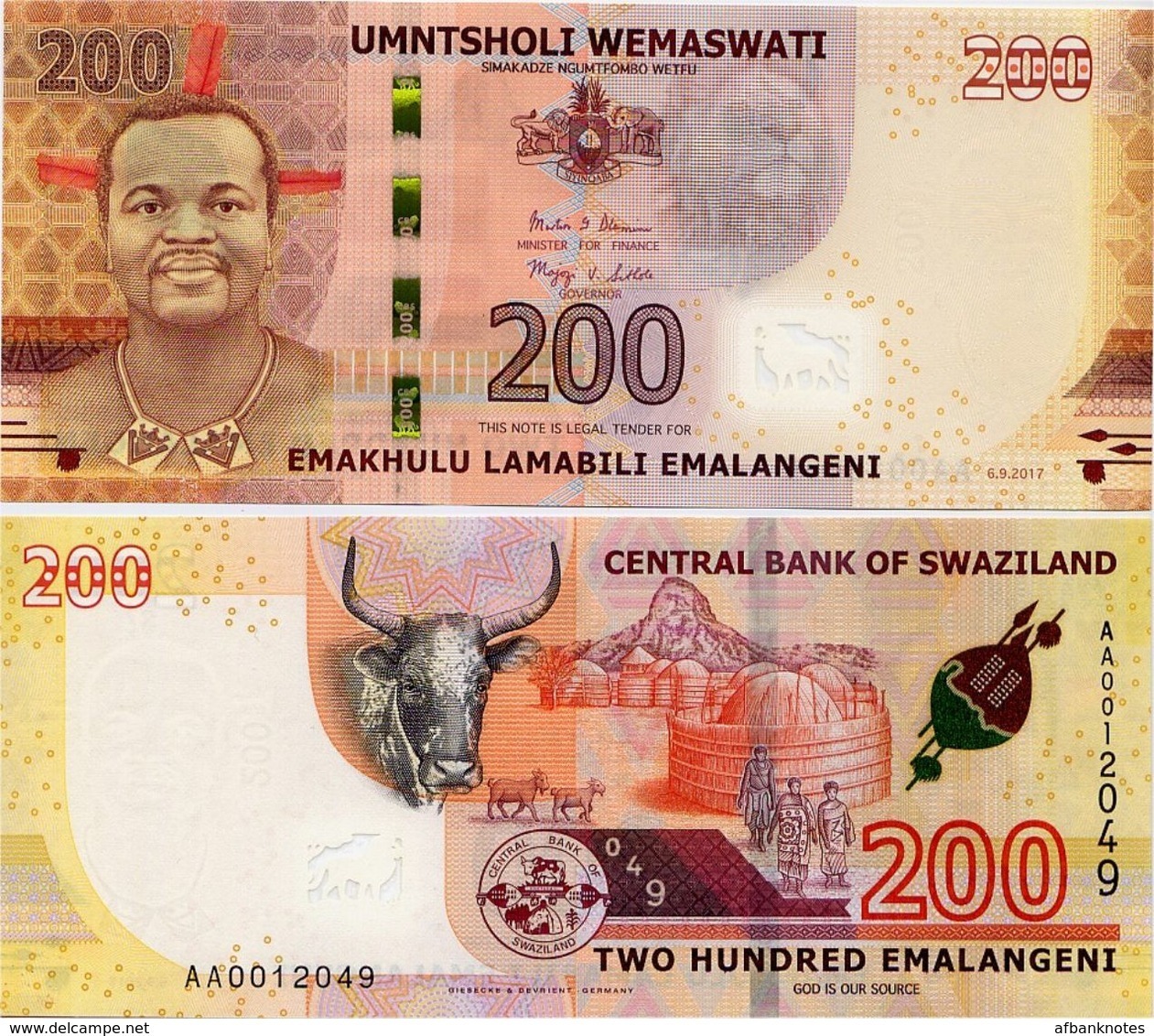 SWAZILAND       200 Emalangeni       P-New       6.9.2017 (2018)       UNC - Swaziland