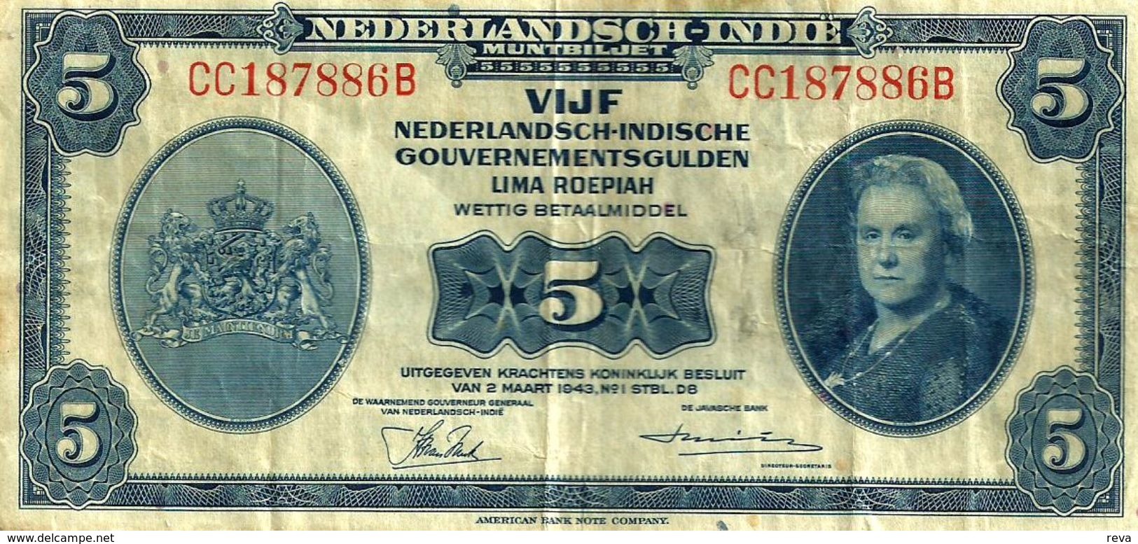 NETHERLANDS EAST INDIES 5 GULDEN BLUE QUEEN PORTRAIT FRONT&AIRPLANE BACK W/OLETTER 02-031943 P113aVF READ DESCRIPTION !! - Dutch East Indies