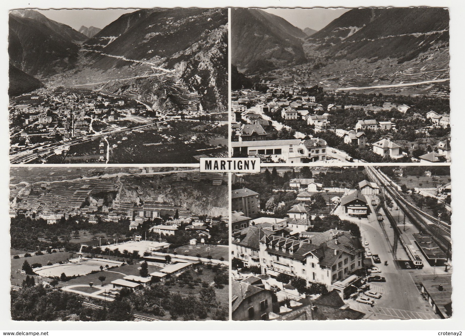 Valais En Avion Au Dessus De MARTIGNY En 4 Vues N°839 Train Voies Ferrées Gare Piscine Plongeoir Terrain De Foot - Martigny