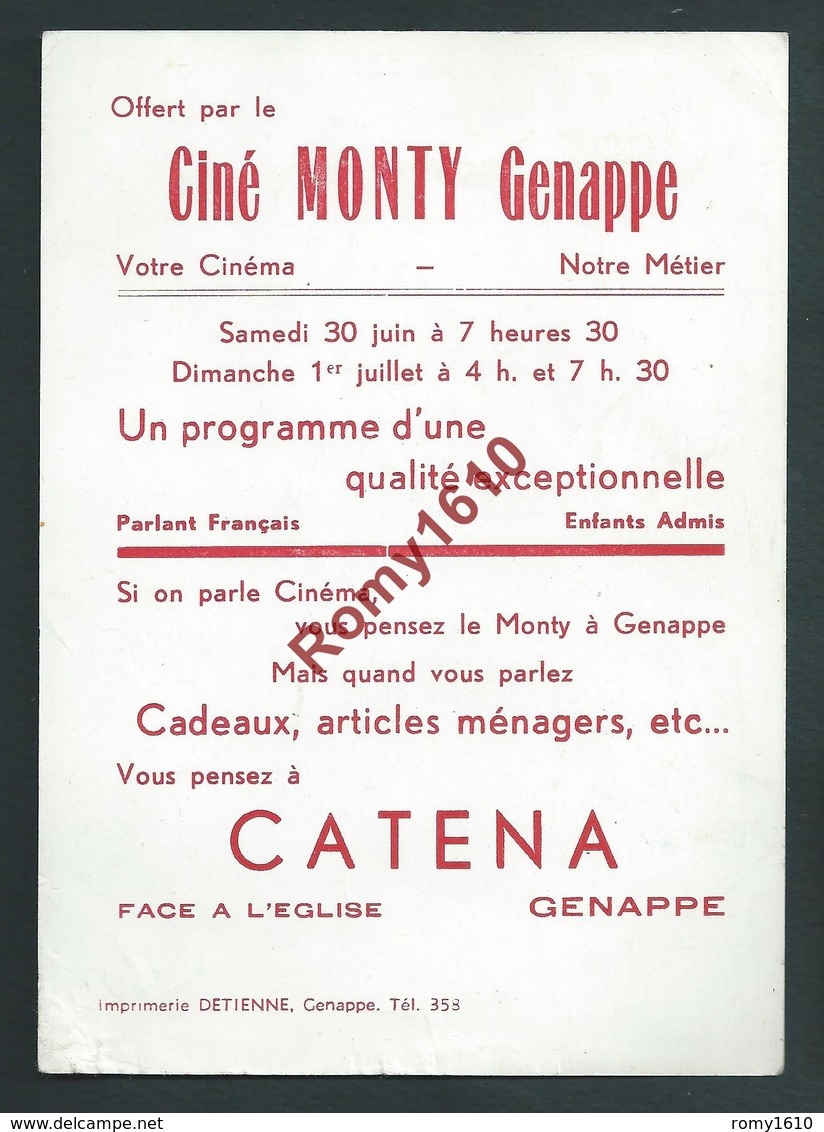 Ciné Monty à Genappe (Brabant Wallon) Rock Hudson Et Gina Lollobrigida En Vespa. Publicité Au Dos. 2 Scans - Autres & Non Classés