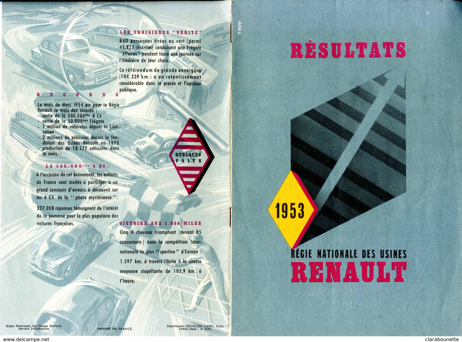 Très Rare Plaquette Présentant Les Résultats De La Régie Nationale Des Usines Renault En 1953 - Publicités