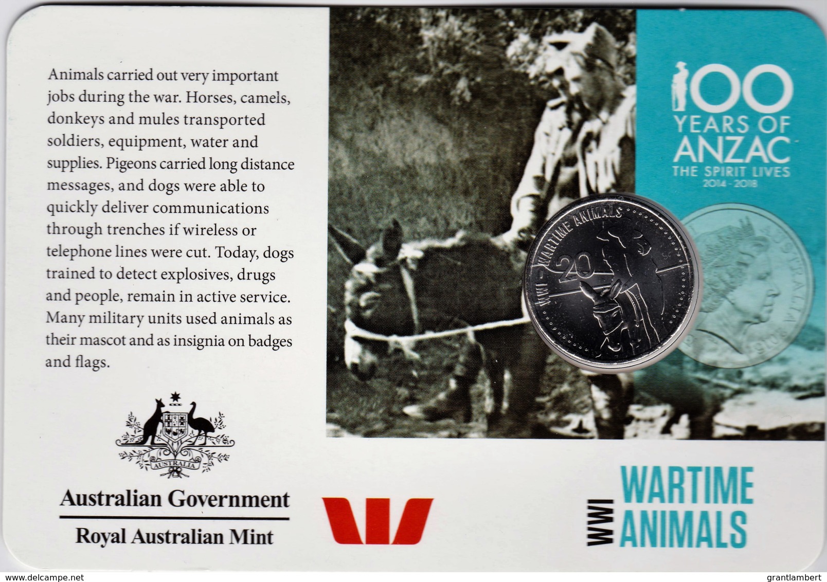 Australia 2015 ANZAC 100 Years - WW1 Wartime Animals Uncirculated 20c - Non Classés